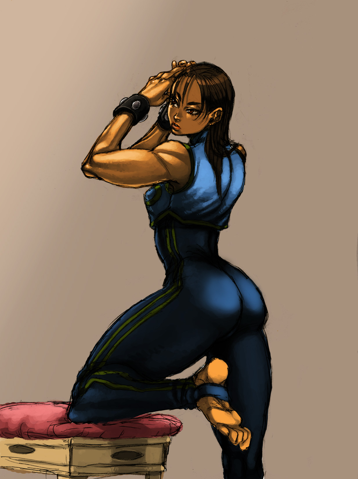 yohane shimizu, chun-li, capcom, street fighter, street fighter ii (series), highres, 1990s (style), barefoot, bodysuit, breasts, no socks, retro artstyle, small breasts