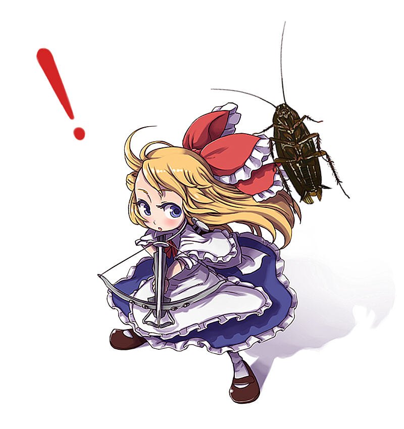 daitai konna kanji, hoihoi-san, shanghai doll, ichigeki sacchuu!! hoihoi-san, touhou, !, 1girl, blonde hair, blue eyes, bow (weapon), bug, cockroach, crossbow, doll, female focus, insect, long hair, mary janes, nail (hardware), parody, shoes, solo, weapon