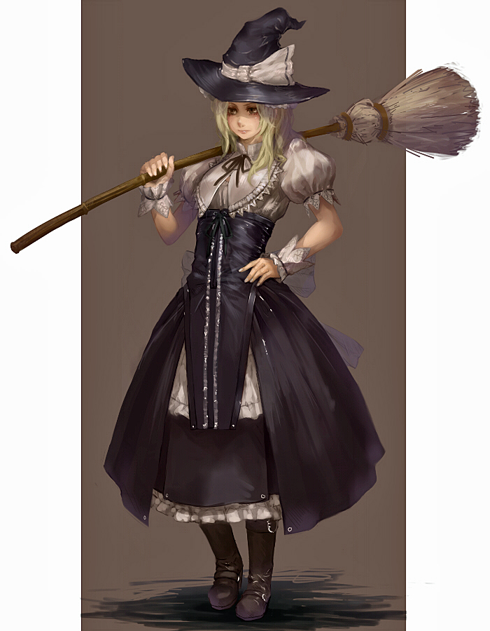 wl-69, kirisame marisa, touhou, bad id, bad pixiv id, 1girl, blonde hair, broom, female focus, full body, hand on own hip, hat, hip focus, realistic, short hair, skirt, solo, witch, witch hat, yellow eyes