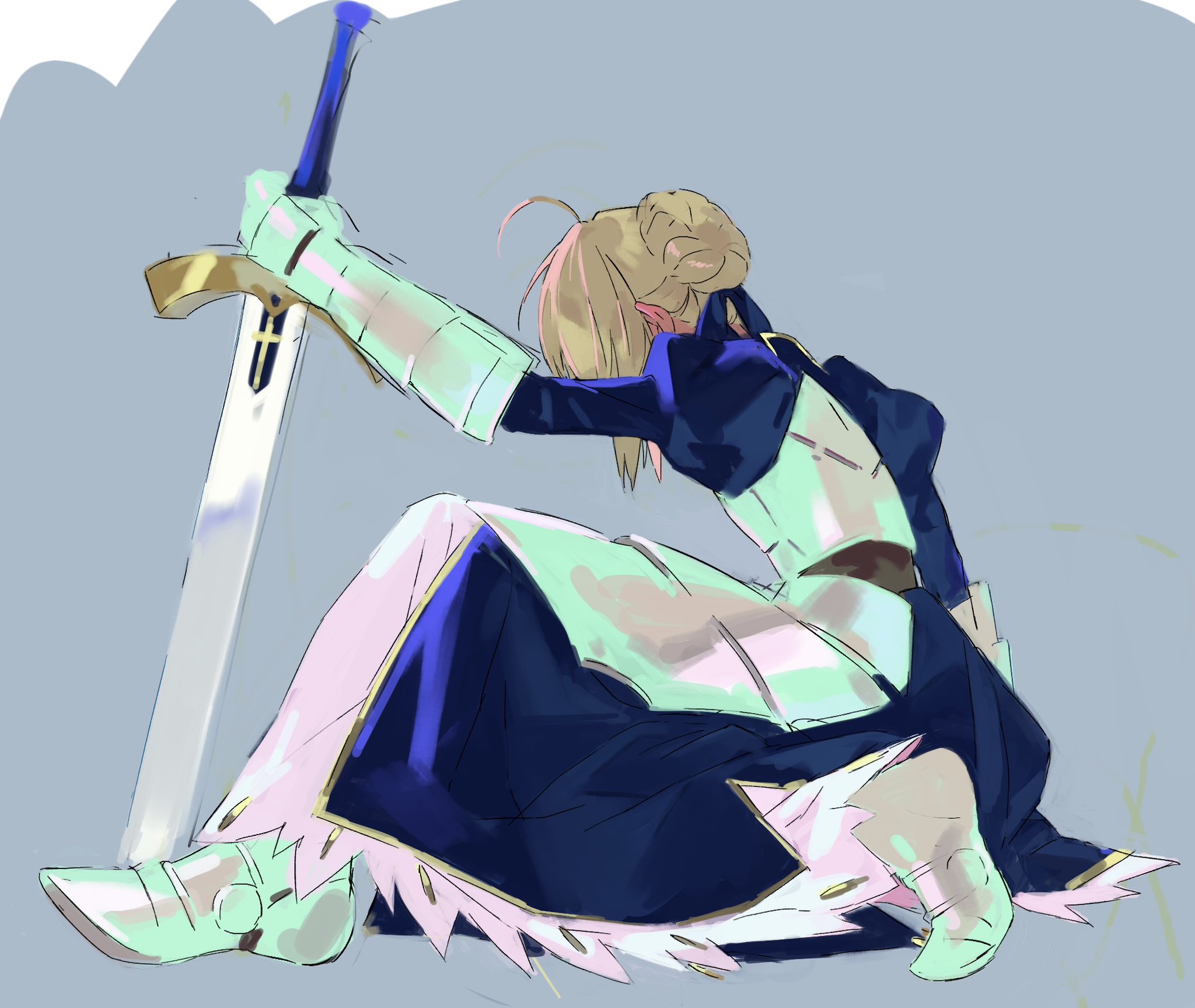 leiting pili niuniu, artoria pendragon (fate), saber (fate), fate/stay night, fate (series), highres, 1girl, ahoge, armor, armored boots, armored dress, blonde hair, blue dress, blue ribbon, boots, dress, elbow gloves, excalibur (fate/stay night), facing to the side, gloves, grey background, hair bun, hair ribbon, holding, holding sword, holding weapon, juliet sleeves, knight, long dress, long hair, long sleeves, looking down, on ground, planted, planted sword, planted weapon, puffy sleeves, ribbon, sidelocks, simple background, sitting, solo, squatting, striped clothes, striped dress, sword, two-tone dress, vertical-striped clothes, vertical-striped dress, weapon, white dress