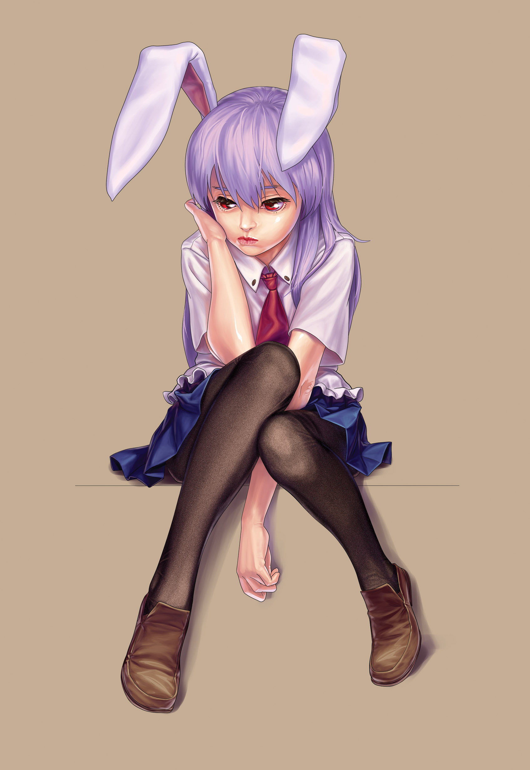 geister, reisen udongein inaba, touhou, absurdres, highres, 1girl, animal ears, female focus, full body, necktie, pantyhose, purple hair, rabbit ears, red eyes, shoes, simple background, sitting, solo