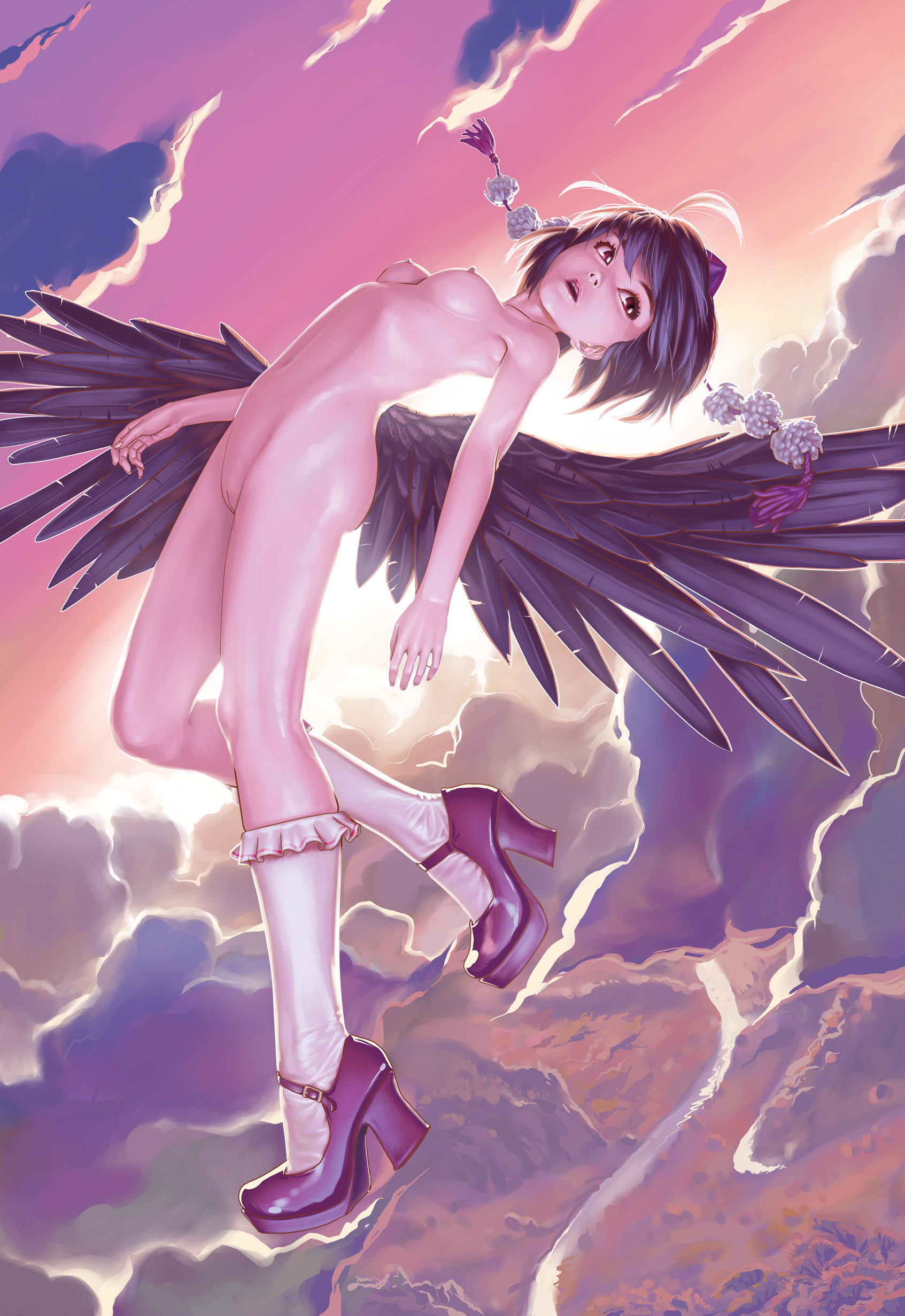 geister, shameimaru aya, touhou, looking away, absurdres, duplicate, highres, 1girl, black hair, black wings, breasts, cloud, expressionless, female focus, flying, hat, legs, lips, looking up, mary janes, nipples, nude, open mouth, red eyes, shoes, short hair, sky, small breasts, socks, solo, tokin hat, wings