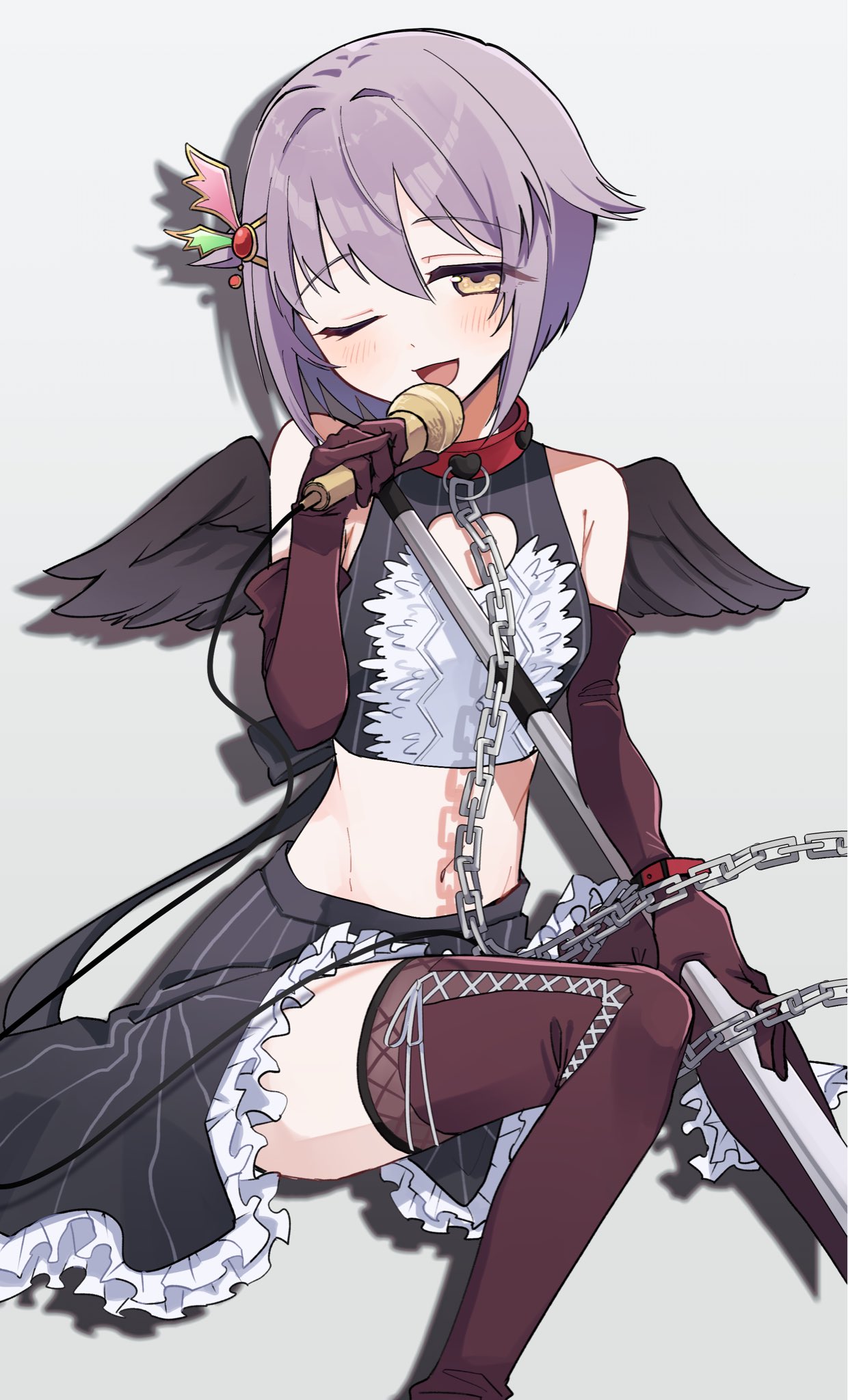 messiah go, koshimizu sachiko, idolmaster, idolmaster cinderella girls, sunshine creation, commentary, highres, 1girl, ;d, animal collar, armpit crease, bare shoulders, black skirt, black wings, blush, breasts, brown thighhighs, cable, chain, chain leash, cleavage cutout, clothing cutout, collar, crop top, cross-laced clothes, cross-laced legwear, drop shadow, elbow gloves, feet out of frame, frilled skirt, frills, gloves, grey background, hair flaps, hair ornament, hand on own knee, hand up, heart cutout, holding, holding microphone, holding microphone stand, leash, looking at viewer, microphone, microphone stand, midriff, navel, one eye closed, open mouth, purple hair, shirt, short hair, sitting, skirt, sleeveless, sleeveless shirt, small breasts, smile, solo, thighhighs, wing hair ornament, wings, yellow eyes