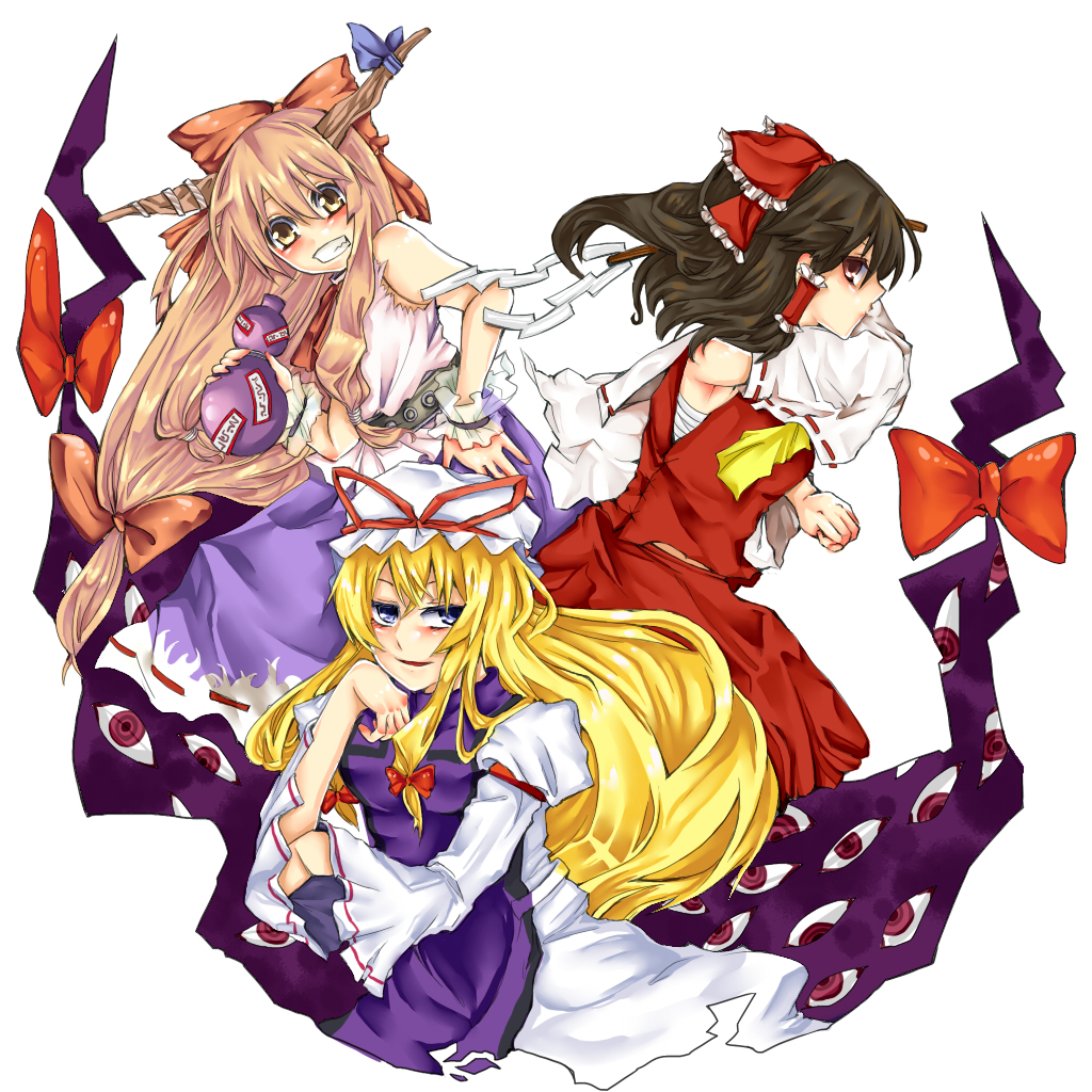 nanami (nanami811), hakurei reimu, ibuki suika, yakumo yukari, touhou, 3girls, blonde hair, blue eyes, bow, brown hair, detached sleeves, female focus, gap (touhou), gohei, gourd, grin, hair bow, hat, horns, japanese clothes, long hair, miko, multiple girls, red eyes, sarashi, short hair, smile, yellow eyes