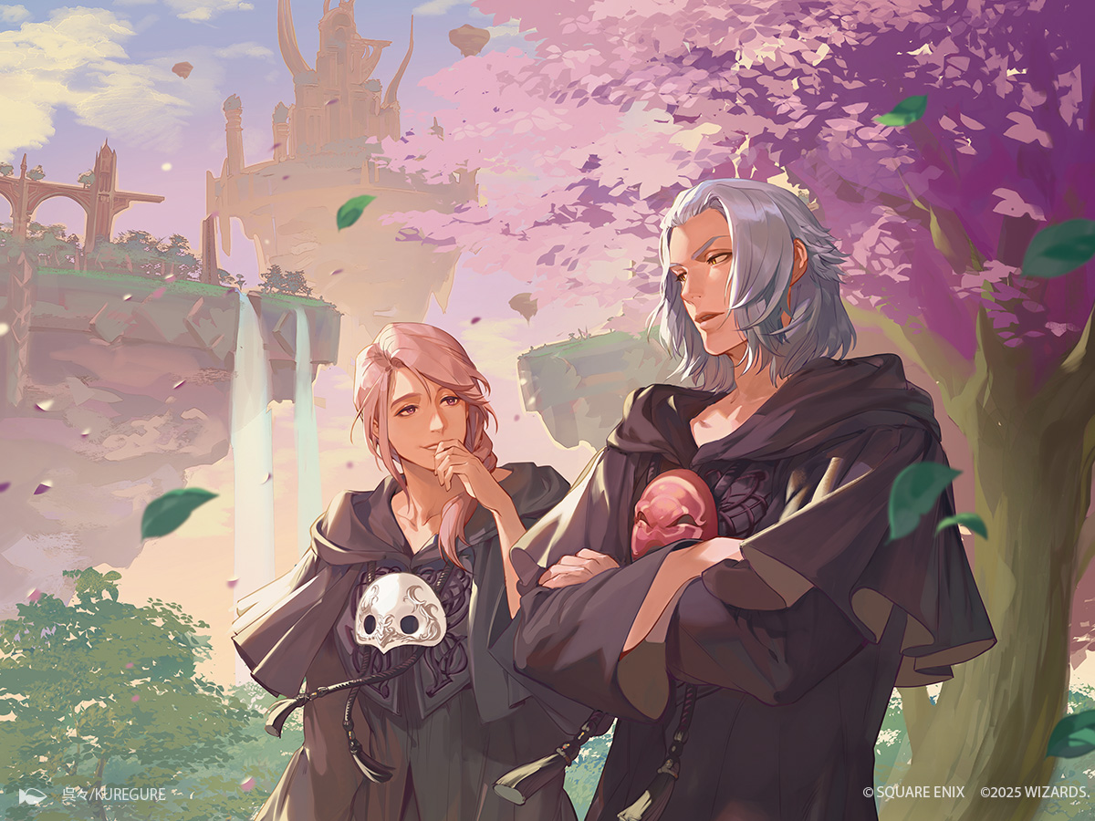 emet-selch, hythlodaeus, final fantasy, final fantasy xiv, magic: the gathering, square enix, official art, 2boys, black capelet, black robe, braid, breasts, capelet, crossed arms, grey hair, hand to own mouth, long hair, looking at another, male focus, mask, mask around neck, medium breasts, multiple boys, outdoors, parted bangs, parted lips, pink hair, robe, single braid, sophist's robe (ff14), swept bangs, tassel, tree, water, waterfall