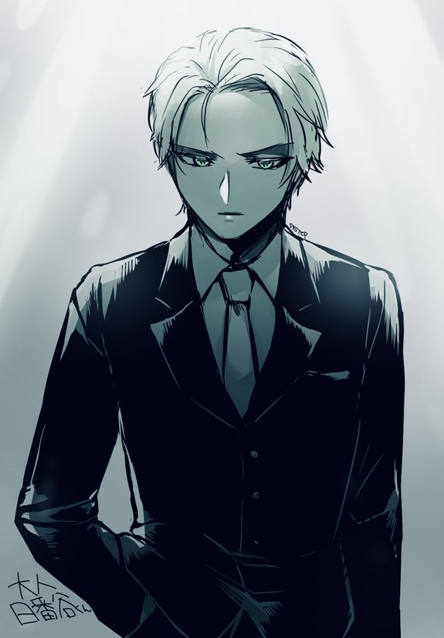 1046sstep btoh, hitsugaya toushirou, bleach, commentary request, 1boy, expressionless, formal clothes, greyscale, hand in pocket, jacket, male focus, monochrome, necktie, signature, solo, suit, upper body