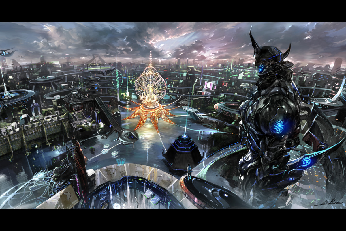 yap kun rong, buddha, original, armor, city, cityscape, letterboxed, mecha, no humans, robot, scenery, science fiction, sky