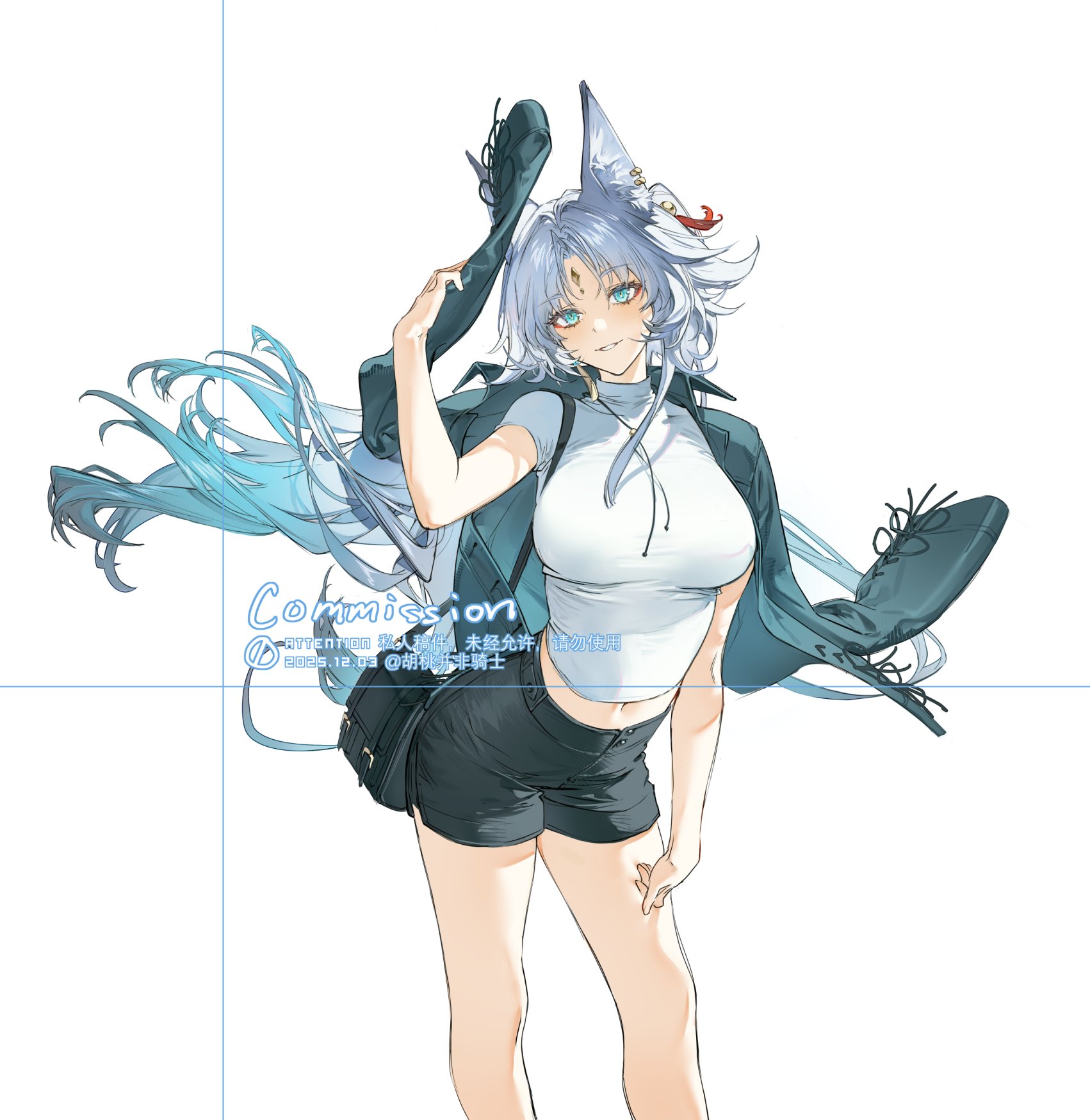 kurumi (recycllamo), feixiao (honkai: star rail), honkai: star rail, honkai (series), commentary, commission, highres, 1girl, animal ear fluff, animal ears, aqua eyes, bag, black bag, black shorts, breasts, dated, feet out of frame, forehead jewel, fox ears, fox girl, gradient hair, grey hair, jacket, jacket on shoulders, large breasts, long hair, looking at viewer, midriff, multicolored hair, navel, parted lips, shirt, shorts, shoulder bag, simple background, solo, t-shirt, very long hair, watermark, weibo username, white background, white shirt