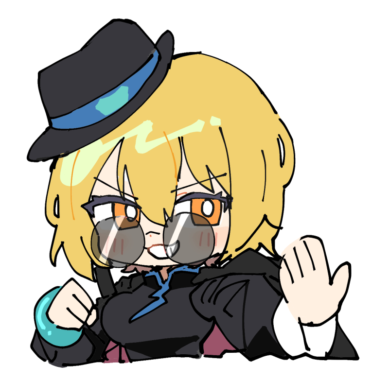 pinch (nesume), don quixote (project moon), limbus company, project moon, 1girl, :3, bangle, black dress, black hat, blonde hair, bracelet, cinq association east uniform, dress, grin, hat, jewelry, kung fu, looking at viewer, short hair, simple background, smile, solo, sunglasses, v-shaped eyebrows, white background, yellow eyes