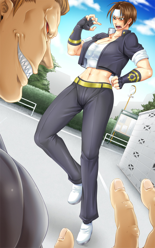 demitri maximoff, kusanagi kyou, capcom, darkstalkers, snk, svc chaos, the king of fighters, gender request, 2boys, belt, brown eyes, brown hair, genderswap, jacket, midnight bliss, multiple boys, pants, red eyes, short hair, short sleeves, tank top, vampire