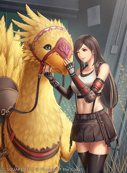 anbe yoshirou, chocobo, tifa lockhart, final fantasy, final fantasy vii, final fantasy vii rebirth, final fantasy vii remake, magic: the gathering, square enix, official art, 1girl, bare shoulders, bird, black bra, black hair, black skirt, black thighhighs, bra, breasts, brown eyes, crop top, elbow gloves, elbow pads, fingerless gloves, gloves, hair tie, large breasts, long hair, low-tied long hair, midriff, miniskirt, navel, one eye closed, parted lips, pleated skirt, reins, saddle, shirt, single elbow pad, skirt, sleeveless, sleeveless shirt, smile, sports bra, stable, suspenders, thighhighs, underwear, white shirt
