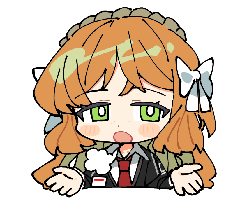 pinch (nesume), ishmael (project moon), limbus company, project moon, 1girl, blush, bow, brown hairband, collared shirt, freckles, hair bow, hairband, hands up, id card, long hair, necktie, open mouth, orange hair, red necktie, rope, shirt, sigh, simple background, solo, very long hair, white background, white bow, white shirt