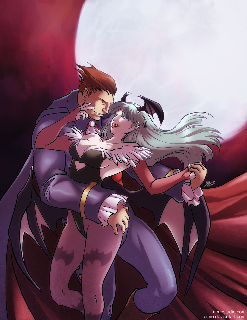 demitri maximoff, morrigan aensland, capcom, darkstalkers, highres, blue eyes, dark, moon, red eyes, vampire