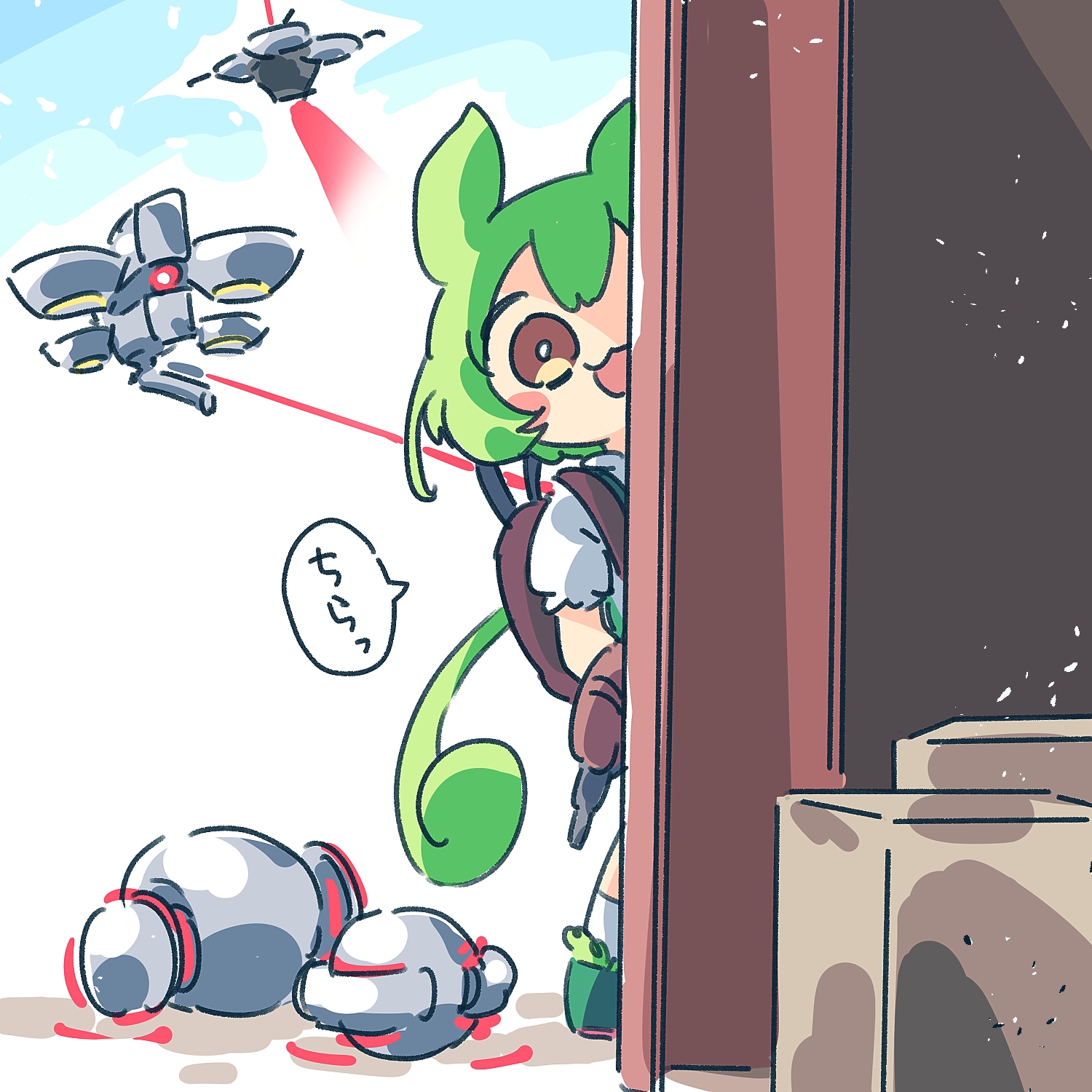 ayakashi (monkeypanch), zundamon, voicevox, highres, 1girl, :3, arc raiders, green hair, green shorts, green suspenders, pea pod, puffy shorts, robot, short hair, shorts, simple background, suspender shorts, suspenders, white background, yellow eyes