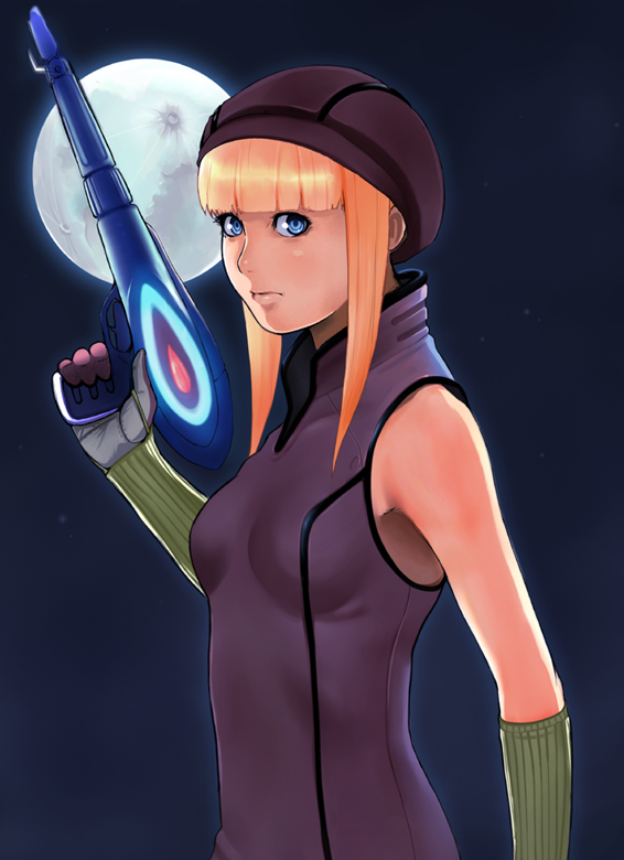 takemaru08, kouzuki luna, luna (casshern sins), casshern (series), casshern sins, robot hunter casshern, 00s, 1girl, blue eyes, elbow gloves, female focus, gloves, gun, hat, moon, orange hair, solo, weapon