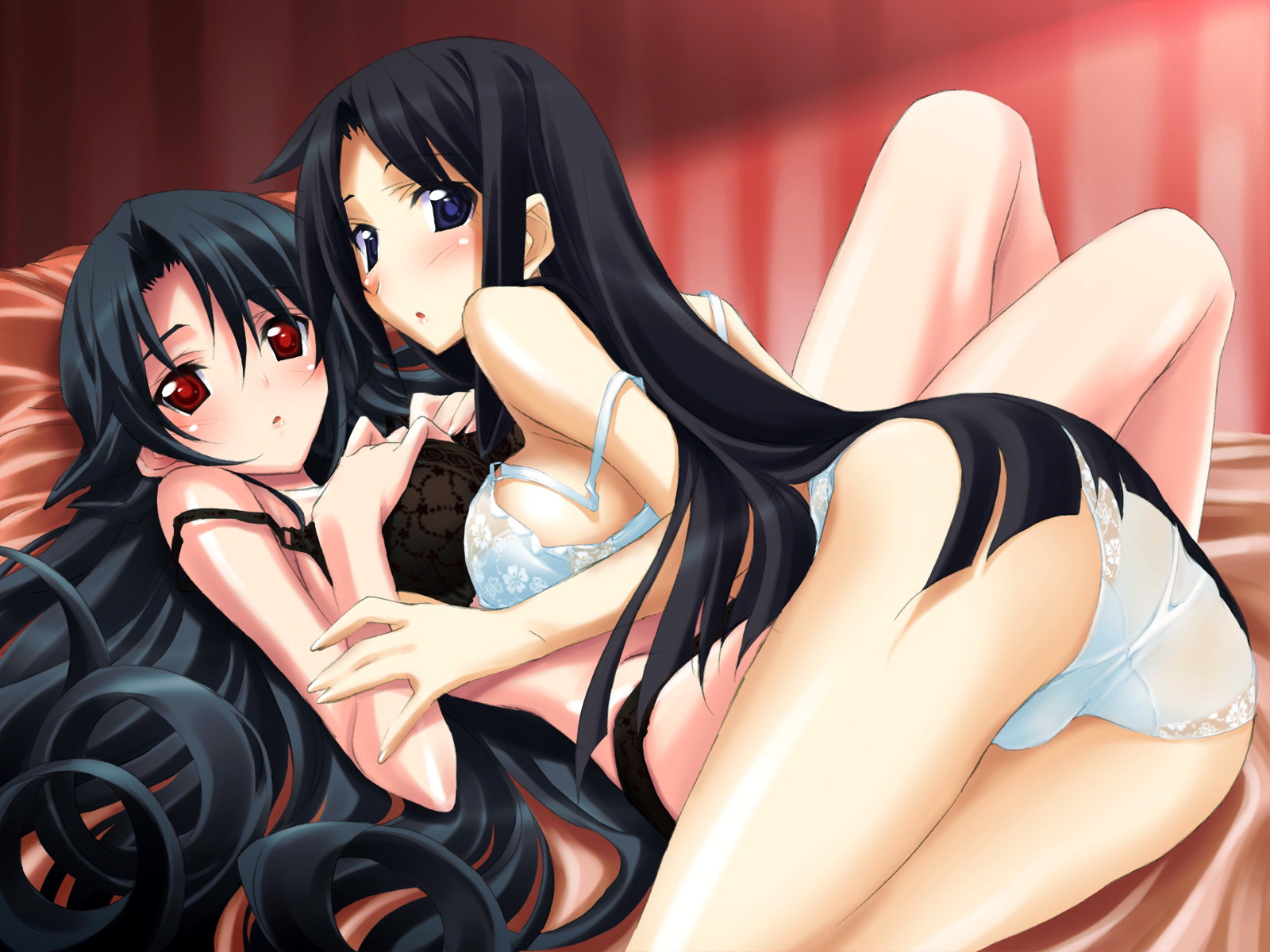 kurashima tomoyasu, highres, 2girls, ass, black hair, blue eyes, lingerie, looking back, multiple girls, panties, red eyes, underwear, underwear only, yuri