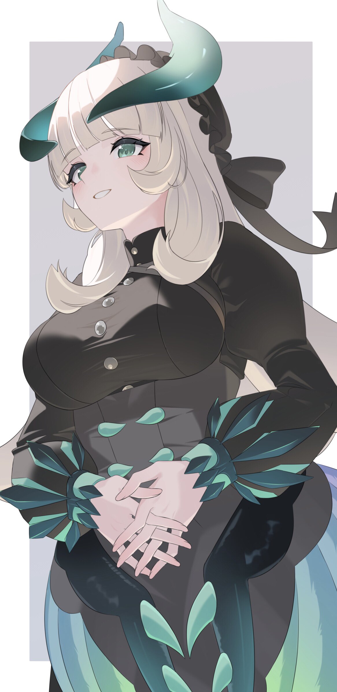 heichi, chamber dragonmaid, yu-gi-oh!, commentary request, highres, 1girl, black dress, blunt bangs, blush, breasts, buttons, dragon girl, dragon horns, dragon wings, dress, duel monster, feathered wings, green eyes, grey background, grey hair, hands on own stomach, horns, large breasts, long hair, long sleeves, low wings, maid, puffy long sleeves, puffy sleeves, sidelocks, simple background, solo, very long hair, wings