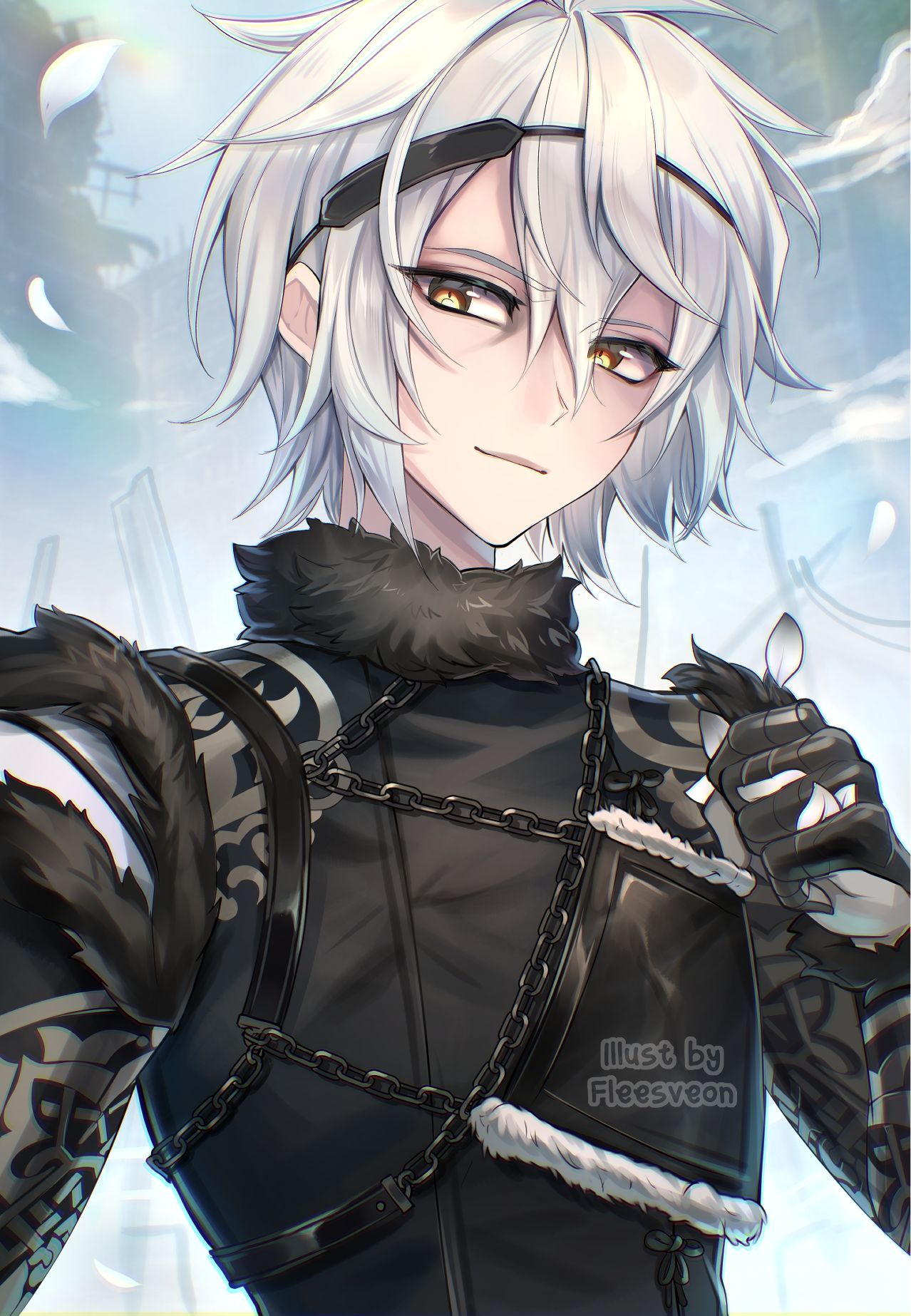 fleesveon, nier (brother), nier (series), highres, 1boy, artist name, black gloves, black jacket, black sleeves, brown eyes, chain, closed mouth, detached sleeves, falling petals, fur-trimmed jacket, fur trim, gloves, grey hair, hair between eyes, jacket, light smile, male focus, petals, short hair, solo, white petals