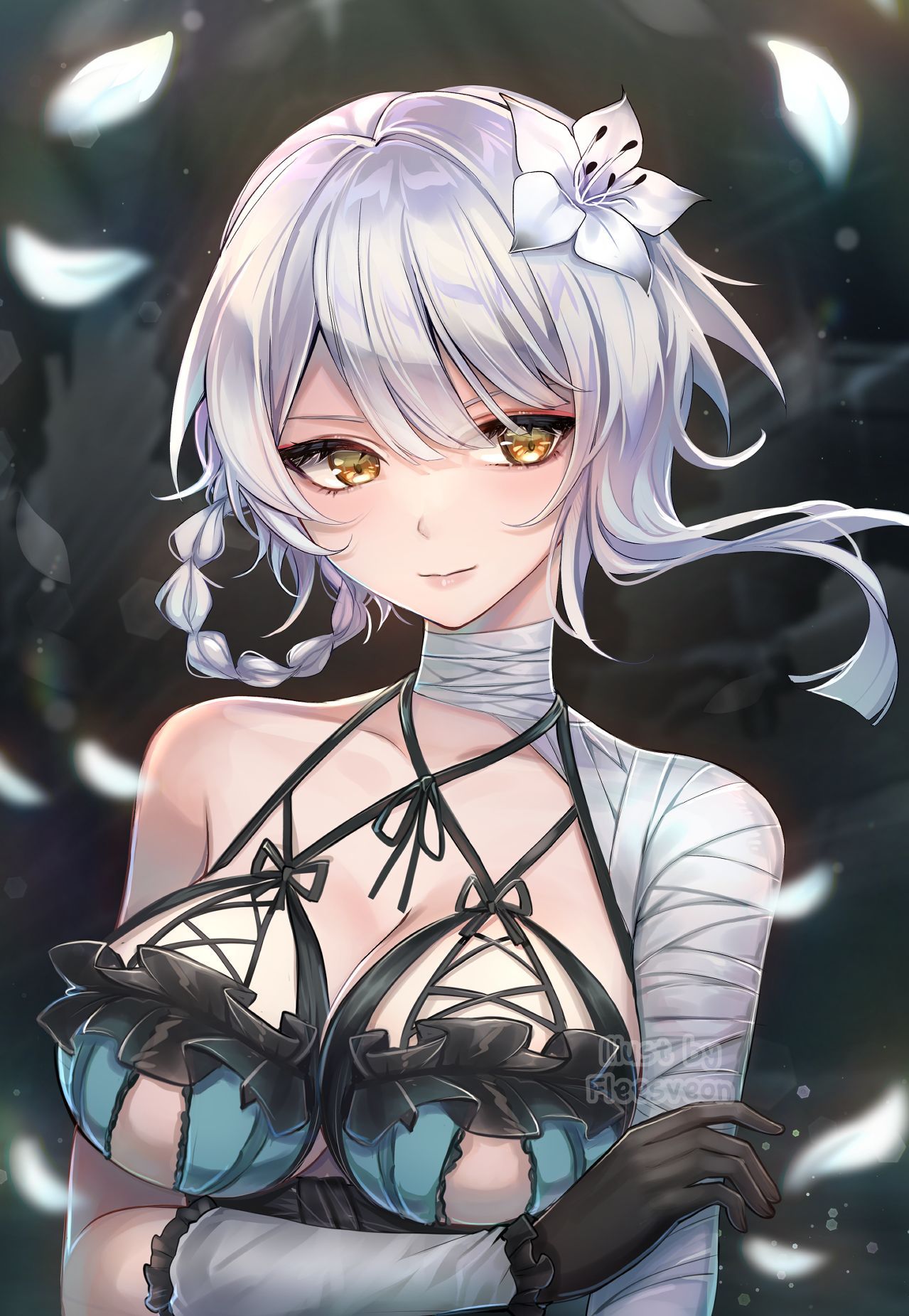 fleesveon, kaine (nier), nier (series), highres, 1girl, arm under breasts, artist name, bandaged arm, bandaged neck, bandages, black gloves, blue negligee, braid, braided hair rings, breasts, brown eyes, cleavage, closed mouth, detached sleeves, falling petals, flower, gloves, grey hair, grey sleeves, hair between eyes, hair flower, hair ornament, hair rings, large breasts, light smile, petals, single bare shoulder, single sidelock, solo, underboob, upper body, white flower, white petals