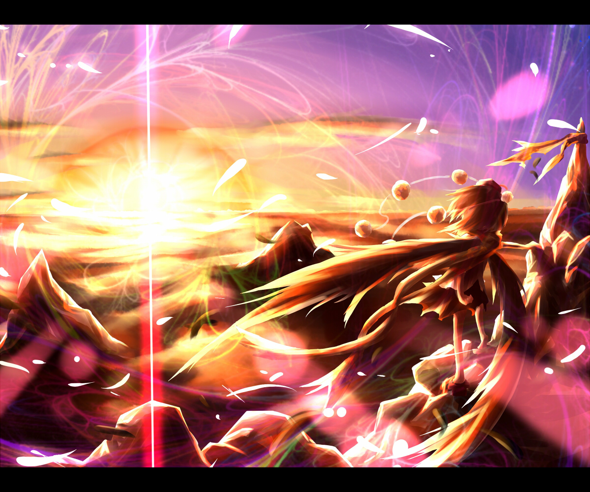 ayakashi (monkeypanch), shameimaru aya, touhou, bad id, bad pixiv id, 1girl, female focus, letterboxed, solo, sunset