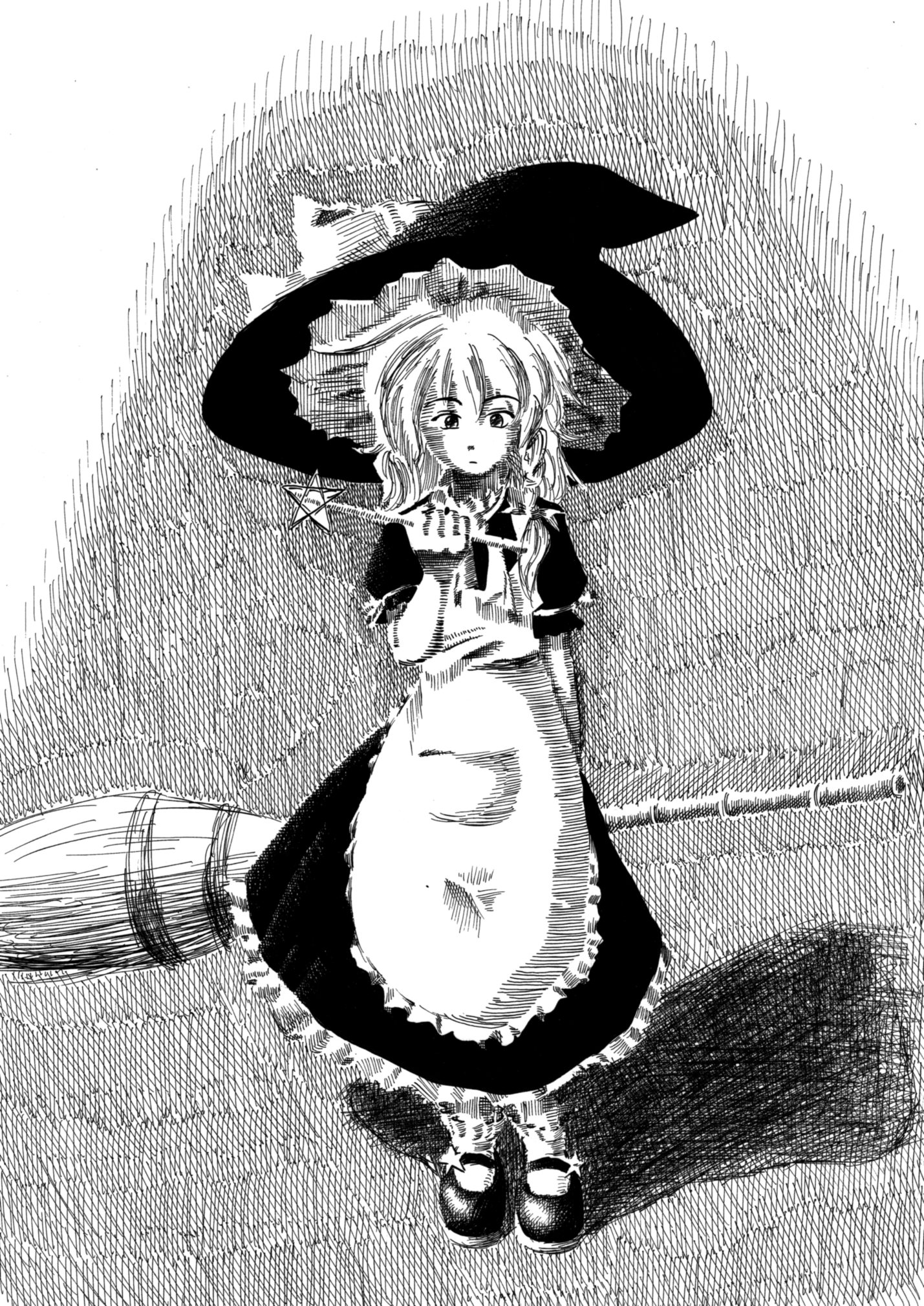 aozame, kirisame marisa, embodiment of scarlet devil, touhou, highres, nib pen (medium), pen (medium), traditional media, 1girl, broom, female focus, full body, greyscale, hat, lineart, monochrome, sketch, solo, wand