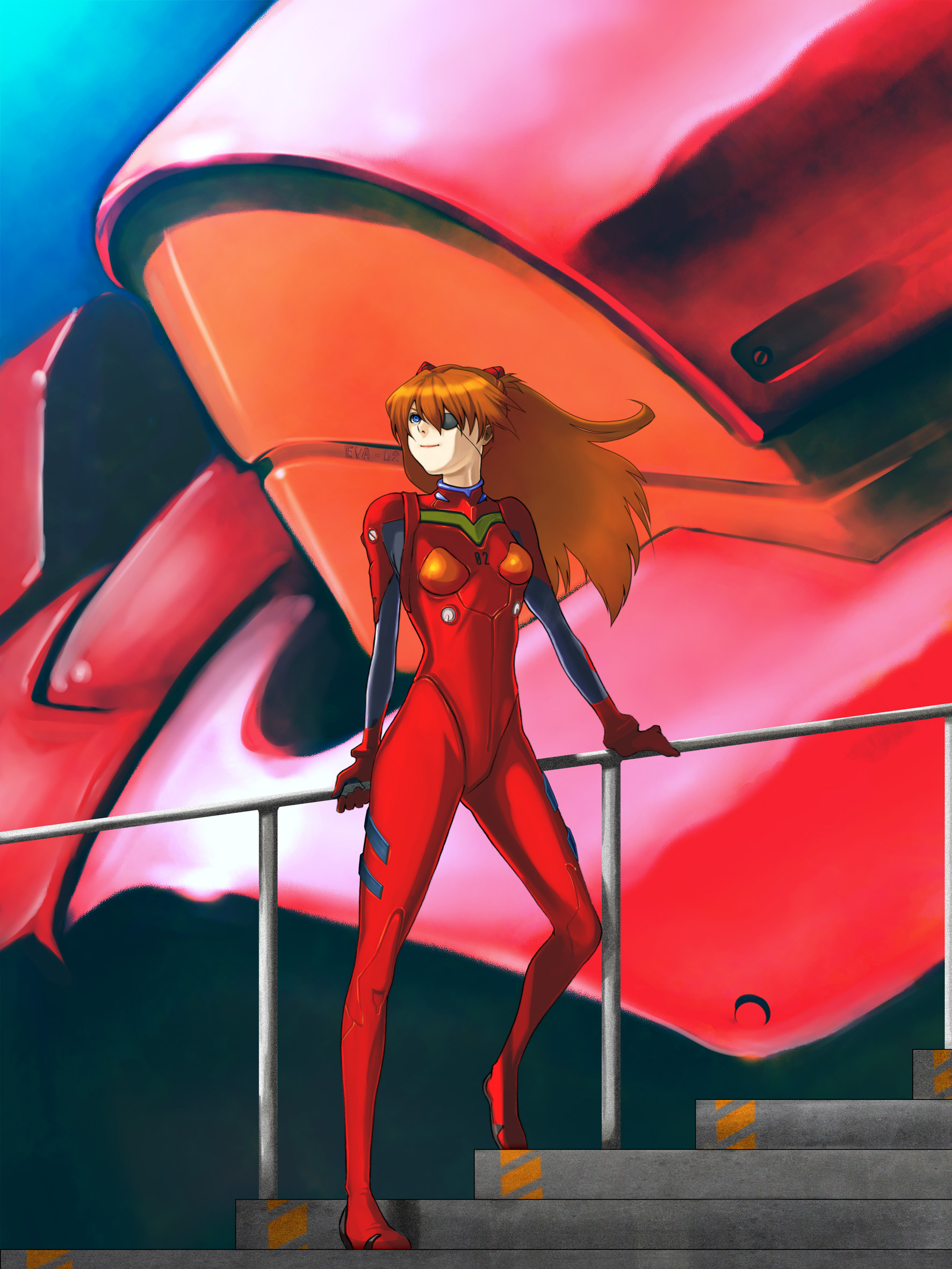 takemaru08, eva 02, souryuu asuka langley, evangelion: 2.0 you can (not) advance, evangelion: 3.0 you can (not) redo, neon genesis evangelion, rebuild of evangelion, highres, md5 mismatch, resolution mismatch, source smaller, 00s, 10s, 1girl, arm support, blue eyes, bodysuit, bracer, breasts, eyepatch, floating hair, full body, gloves, hair between eyes, hair ornament, legs apart, light smile, long hair, looking to the side, looking up, mecha, mecha pilot suit, orange hair, plugsuit (evangelion), railing, red hair, robot, small breasts, smile, stairs, standing, turtleneck