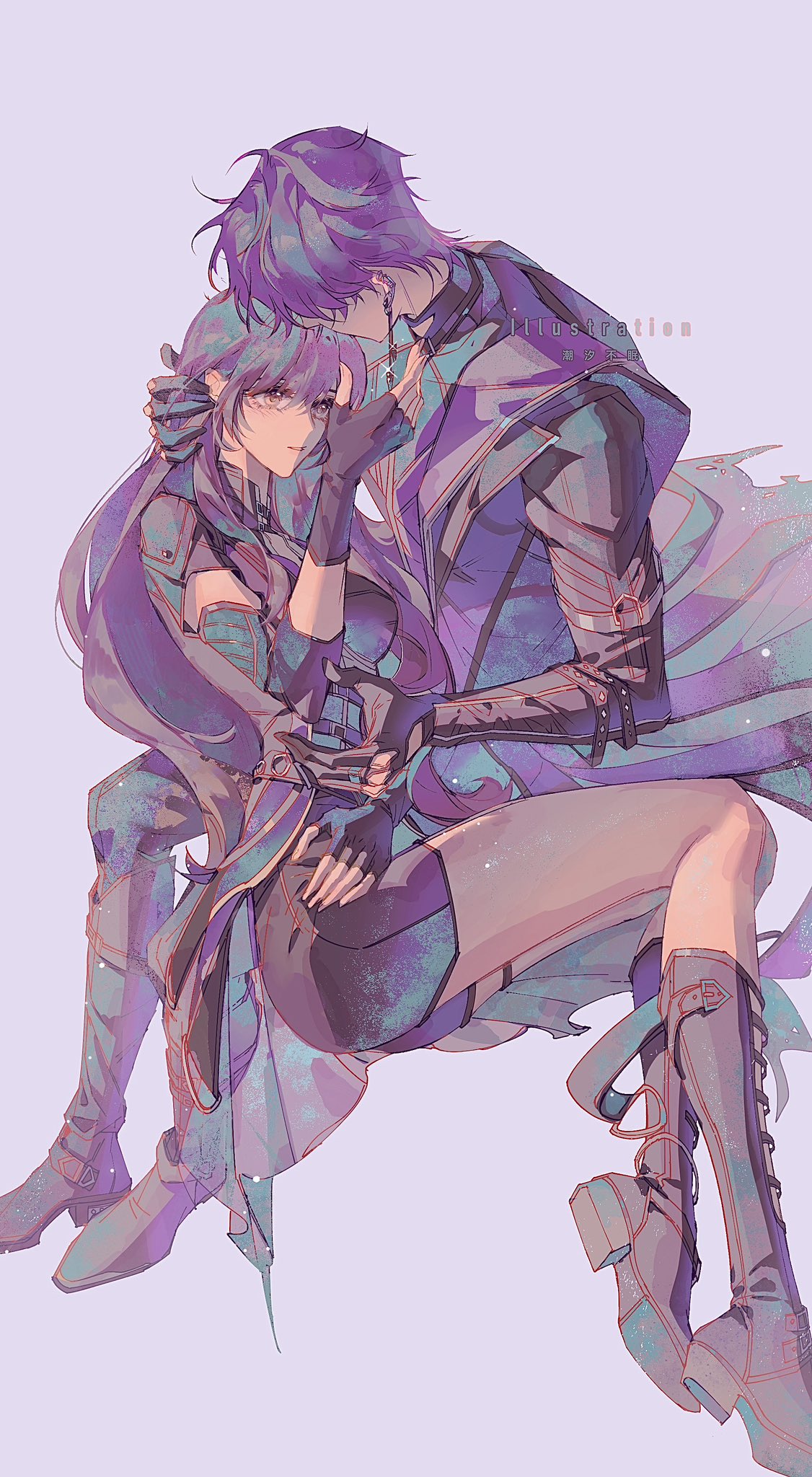 chaoxibumian, protagonist (love and deepspace), rafayel (love and deepspace), love and deepspace, highres, 1boy, 1girl, black boots, black gloves, black jacket, boots, breasts, brown eyes, brown hair, couple, earrings, elbow sleeve, fingerless gloves, gloves, grey background, hair between eyes, hand in another's hair, hetero, jacket, jewelry, long hair, medium breasts, purple hair, short hair, sitting, sparkle