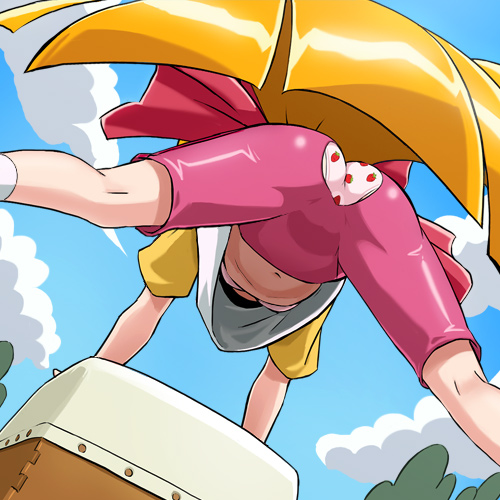 haruyama kazunori, akazutsumi momoko, hyper blossom, powerpuff girls, powerpuff girls z, lowres, 00s, 1girl, ass, ass cutout, bra, clothing cutout, flat chest, food print, fruit print, heart, heart cutout, lingerie, loli, navel, panties, print panties, socks, strawberry panties, strawberry print, underwear, white panties