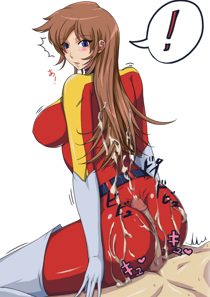 greco roman (spiral brain), grendizer, maria grace fleed, mazinger (series), toei company, ufo robo grendizer, !, 1970s (style), 1girl, ass, belt, blue eyes, blush, bodysuit, bouncing breasts, breasts, brown hair, buttjob, buttjob over clothes, censored, clothed female nude male, clothed sex, cum, cum on ass, cum on body, cum on clothes, cum on hair, cum on lower body, cum on upper body, ejaculation, huge ass, jumpsuit, long hair, looking back, nude, oldschool, penis, retro artstyle, rubbing, sideboob, simple background, solo focus