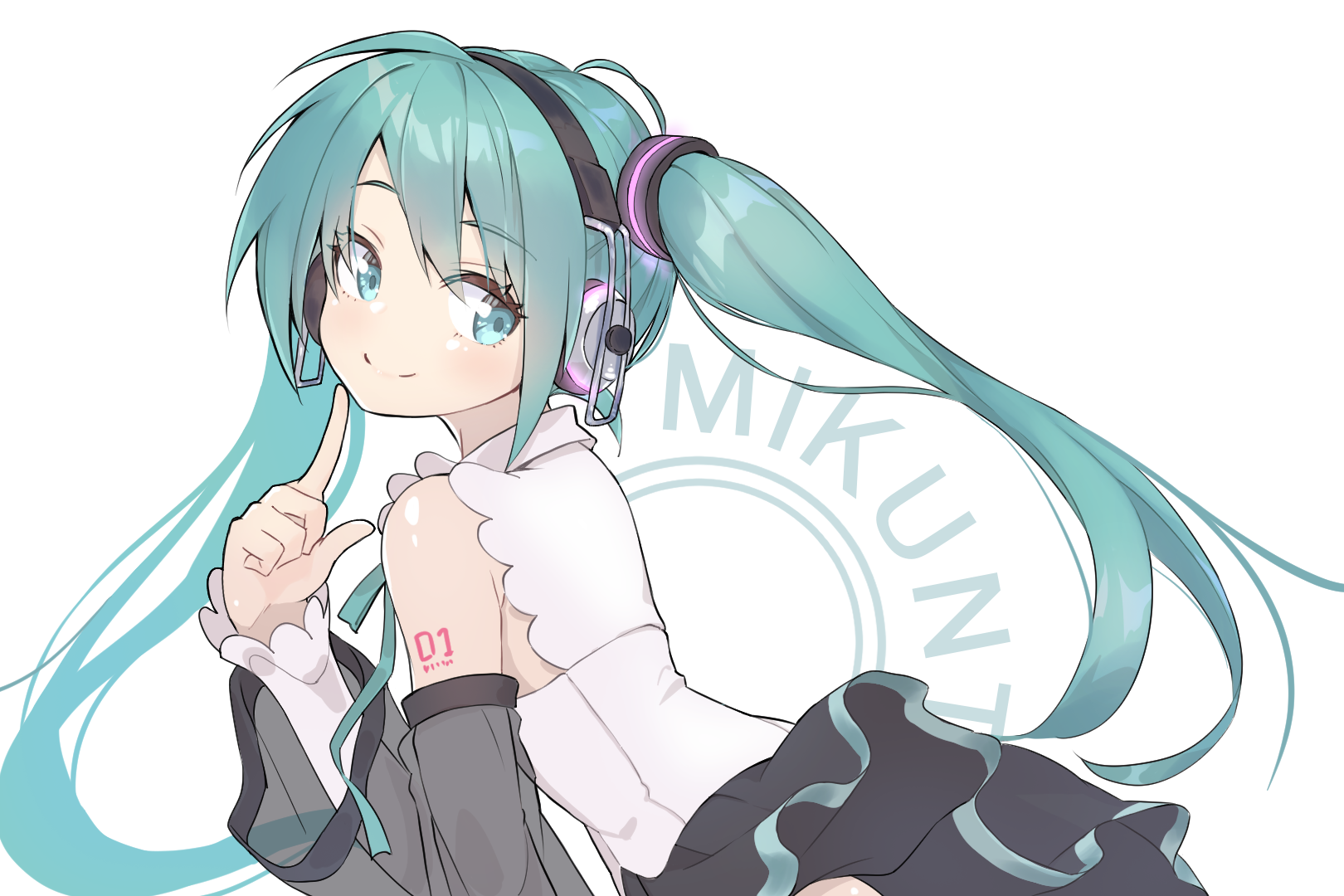 shika, hatsune miku, hatsune miku (nt), piapro studio, vocaloid, commentary request, highres, 1girl, aqua hair, aqua ribbon, aqua trim, arm tattoo, black skirt, character name, closed mouth, detached sleeves, hair between eyes, hair ornament, headphones, headset, light blush, long hair, long sleeves, number tattoo, pleated skirt, ribbon, see-through clothes, see-through sleeves, shirt, simple background, skirt, sleeveless, sleeveless shirt, smile, solo, tattoo, twintails, very long hair, white background, white shirt, wide sleeves