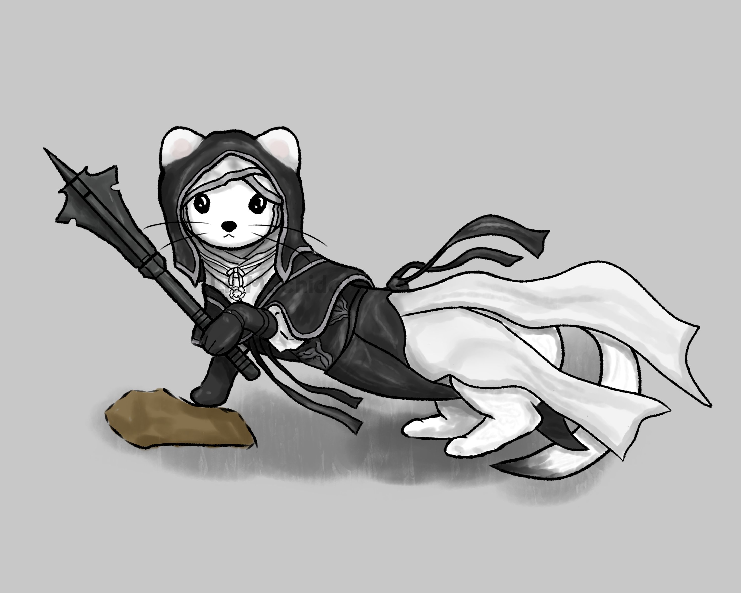 undertaker (elden ring), elden ring, elden ring nightreign, commentary request, highres, animal, animalization, black capelet, black eyes, black hood, capelet, clothed animal, coif, ermine, grey background, holding, holding mace, holding weapon, lil mochida, looking at viewer, mace, snout, tail, weapon, weasel, whiskers, white fur