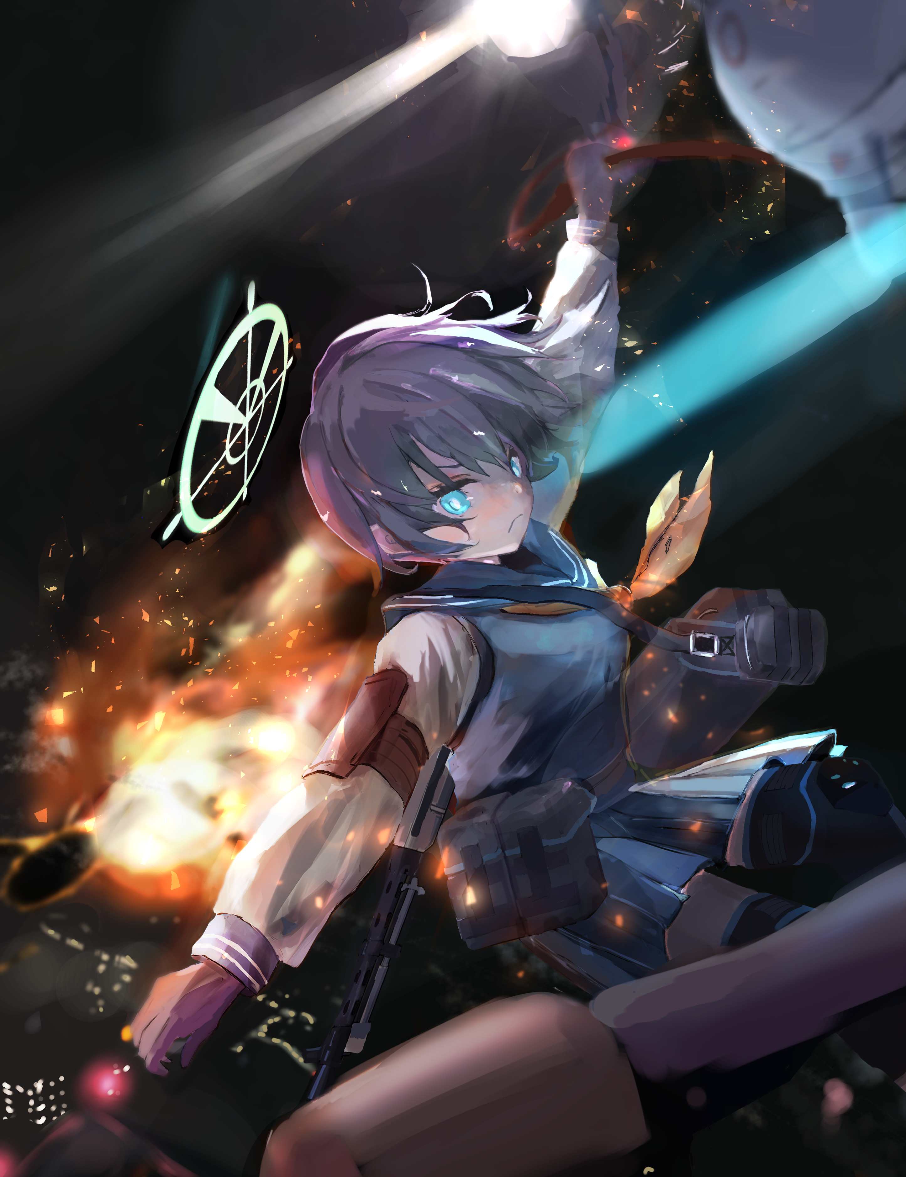 saki (blue archive), blue archive, absurdres, highres, 1girl, blue eyes, blue serafuku, breasts, city lights, fire, from above, gloves, green halo, gun, halo, hanging on, hira15623, lahti-saloranta m/26, light machine gun, light rays, long sleeves, looking down, machine gun, neckerchief, night, school uniform, serafuku, short hair, skirt, solo, tactical school uniform, weapon, yellow neckerchief