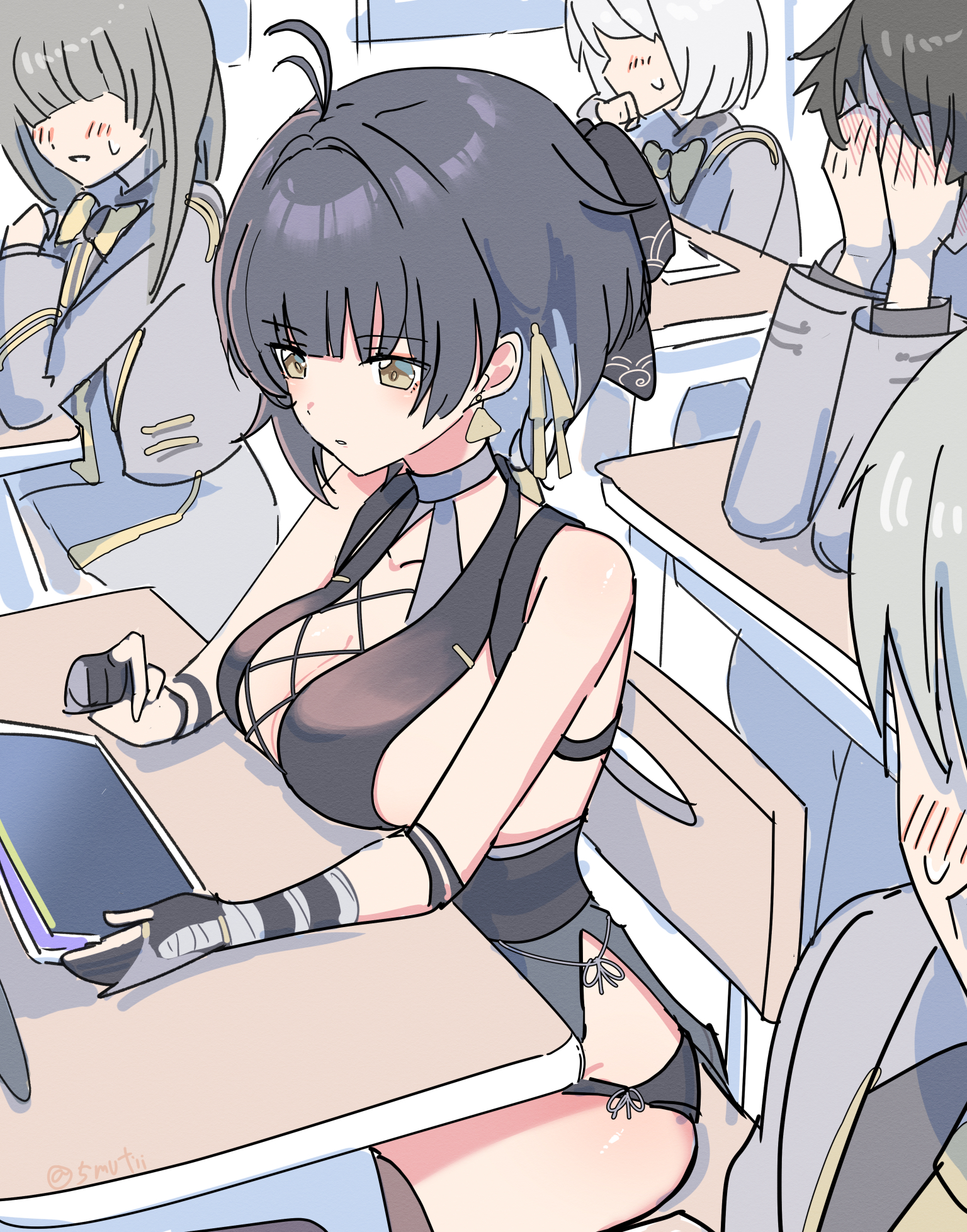 female rover (wuthering waves), rover (wuthering waves), wuthering waves, commentary request, highres, 2boys, 3girls, artist name, bandaged arm, bandages, bare shoulders, black bow, black dress, black hair, black shorts, blush, bow, breasts, classroom, cross-laced clothes, cross-laced dress, dress, earrings, hair bow, hair ribbon, holding, holding tablet pc, indoors, jewelry, large breasts, multiple boys, multiple girls, mutii, parted lips, ribbon, short shorts, shorts, sleeveless, sleeveless dress, tablet pc, thighs, triangle earrings, yellow eyes, yellow ribbon