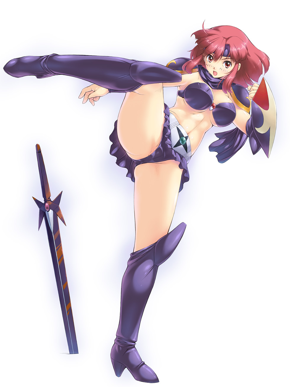 uchiu kazuma, kirishima reiko, mugen senshi valis, telenet japan, valis, highres, 1girl, ahoge, armor, belt, bikini armor, blush, boots, breasts, dark valis shield, dark valis sword, female focus, full body, headband, high heels, high kick, kicking, knee boots, large breasts, looking at viewer, microskirt, midriff, neckerchief, open mouth, panties, pauldrons, pink hair, red eyes, scarf, shield, shoes, short hair, shoulder armor, simple background, skirt, solo, spread legs, standing, standing on one leg, strapless, sword, thigh boots, thighhighs, tube top, underboob, underwear, weapon, white background