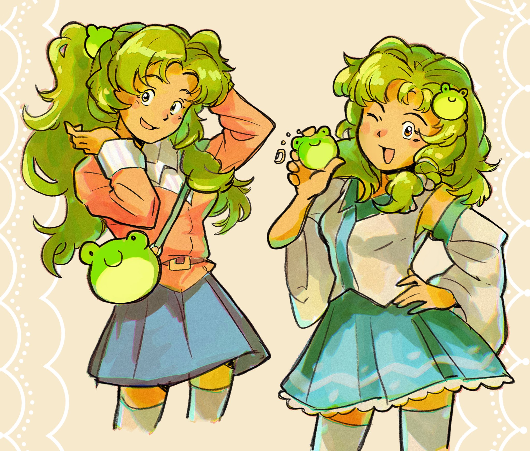 molly yancey, kochiya sanae, touhou, commentary, english commentary, highres, 1girl, bag, blue skirt, detached sleeves, frilled skirt, frills, frog hair ornament, green hair, hair ornament, hand on own hip, long hair, looking at viewer, multiple views, one eye closed, open mouth, red shirt, shirt, shoulder bag, skirt, sleeveless, sleeveless shirt, thighhighs, white shirt, white thighhighs