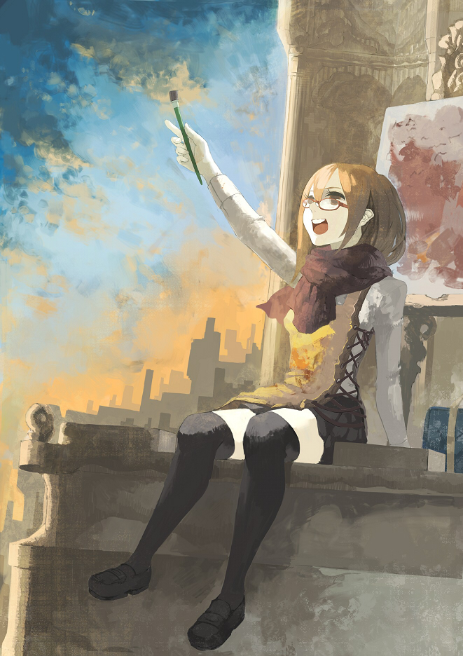 kunimura hakushi, original, bad id, bad pixiv id, art brush, black thighhighs, brown eyes, brown hair, easel, glasses, legs, open mouth, paintbrush, short hair, smile, solo, thighhighs