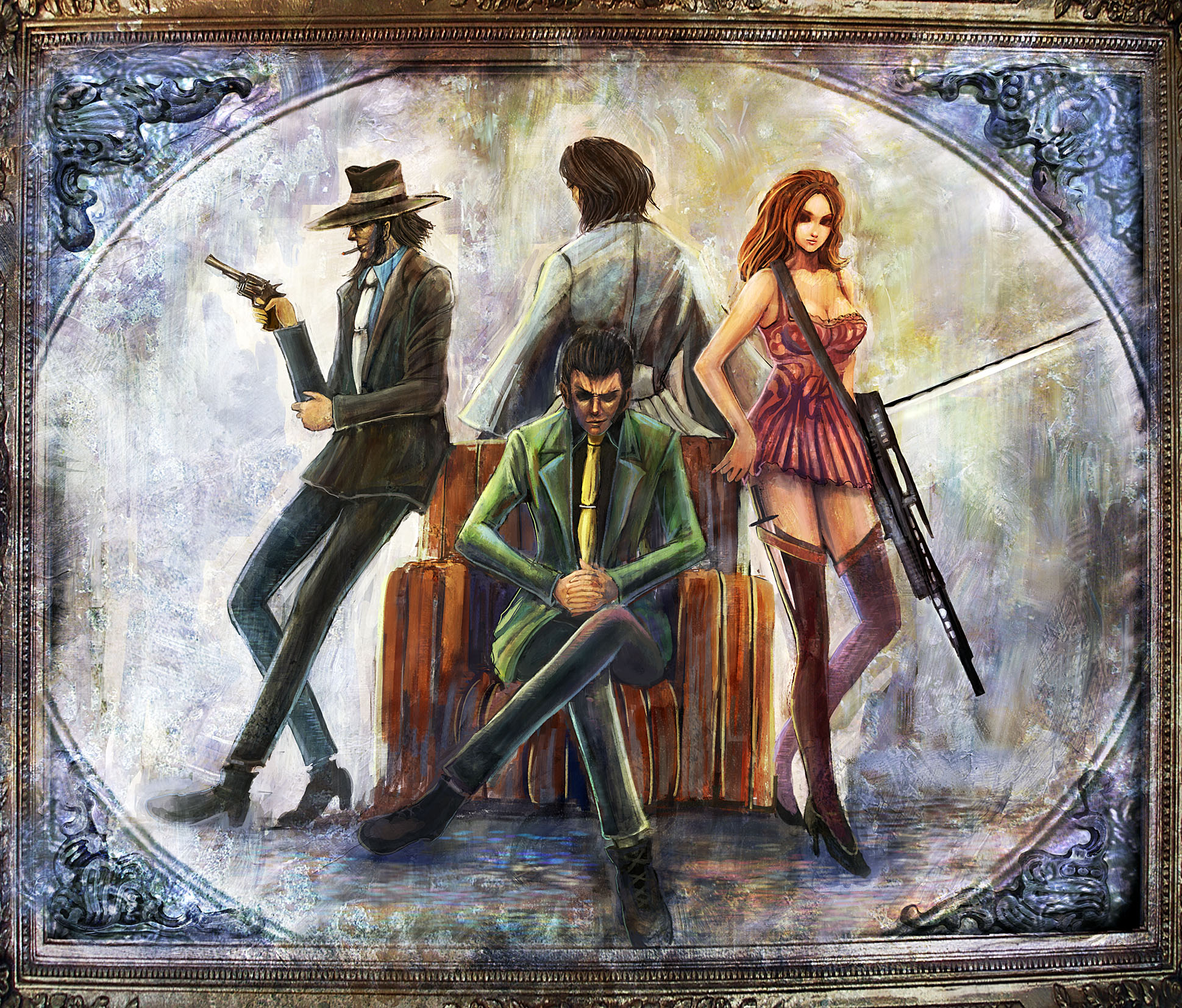 bccp, arsene lupin iii, ishikawa goemon xiii, jigen daisuke, mine fujiko, lupin iii, tms entertainment, highres, 1girl, 3boys, black jacket, green jacket, gun, hat, jacket, multiple boys, necktie, sideburns, thighhighs, weapon, white necktie, yellow necktie