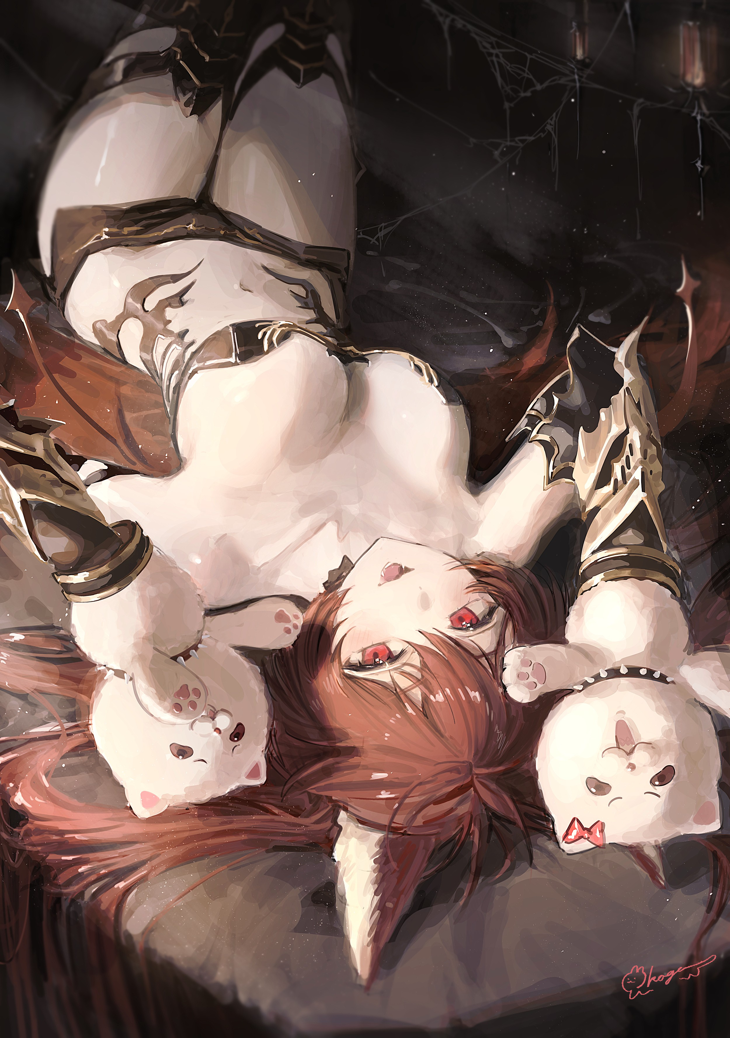 okoge (koge chan), cerberus (shingeki no bahamut), granblue fantasy, shadowverse, shadowverse: worlds beyond, shingeki no bahamut, absurdres, commentary, highres, 1girl, animal ear fluff, animal ears, black shorts, bow, bowtie, breasts, brown hair, coco (cygames), dog ears, dog girl, long hair, lying, medium breasts, mimi (cygames), navel, on back, red eyes, red hair, shorts, signature, solo