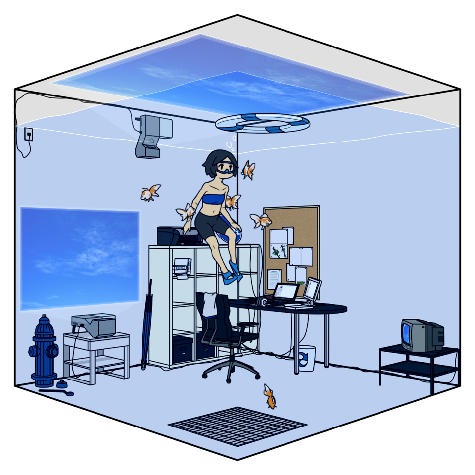 uewtsol, ruri (uewtsol), akg, original, 1girl, bandeau, chair, cloud, computer, computer keyboard, diving mask, female focus, fire hydrant, fish, flippers, goggles, goldfish, headphones, in container, innertube, isometric, laptop, oil-paper umbrella, partially underwater shot, projector, room, sky, solo, strapless, submerged, swim ring, television, trash can, tube top, umbrella, underwater, water