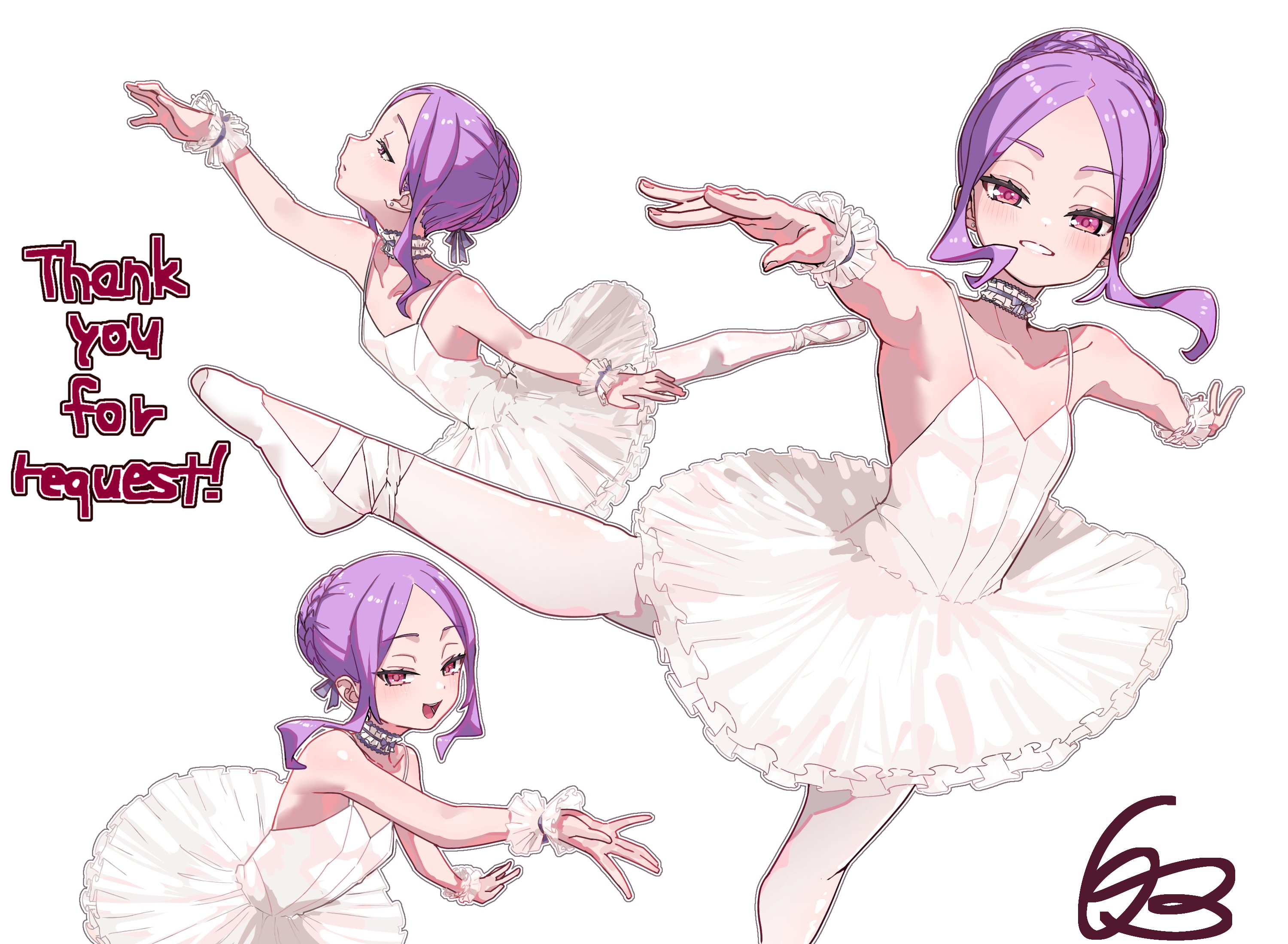 niwaikanai, wu zetian (fate), fate/grand order, fate (series), commission, highres, skeb commission, 1girl, ballet, ballet slippers, braid, braided bun, dancing, dress, flat chest, hair bun, looking at viewer, multiple views, open mouth, outstretched arms, pantyhose, pink eyes, purple hair, smile, spread arms, tutu, white dress, white pantyhose
