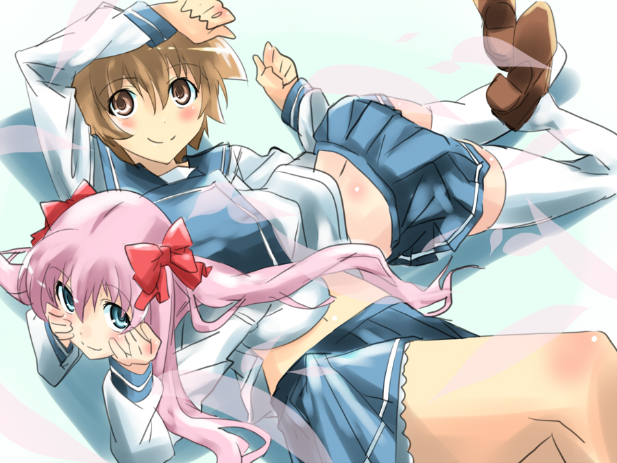 mas (5734ghji), haramura nodoka, miyanaga saki, saki (manga), 00s, brown hair, pink hair, school uniform, serafuku, twintails