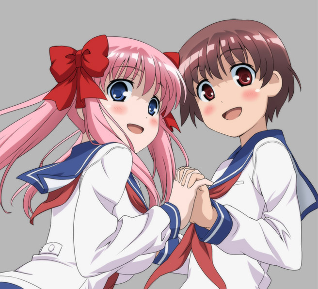 haramura nodoka, miyanaga saki, saki (manga), 00s, brown hair, holding hands, neckerchief, pink hair, red neckerchief, school uniform, serafuku, twintails
