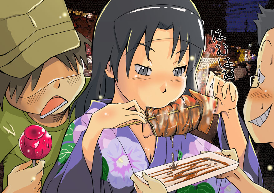 sasaki bullet, amasawa yuuko, gachagiri (dennou coil), namecchi (dennou coil), dennou coil, translated, 00s, 1girl, 2boys, alternate hairstyle, brown hair, candy apple, eating, festival, food, frown, glasses, grey eyes, hat, ikayaki, japanese clothes, kimono, long hair, multiple boys, smile, squid