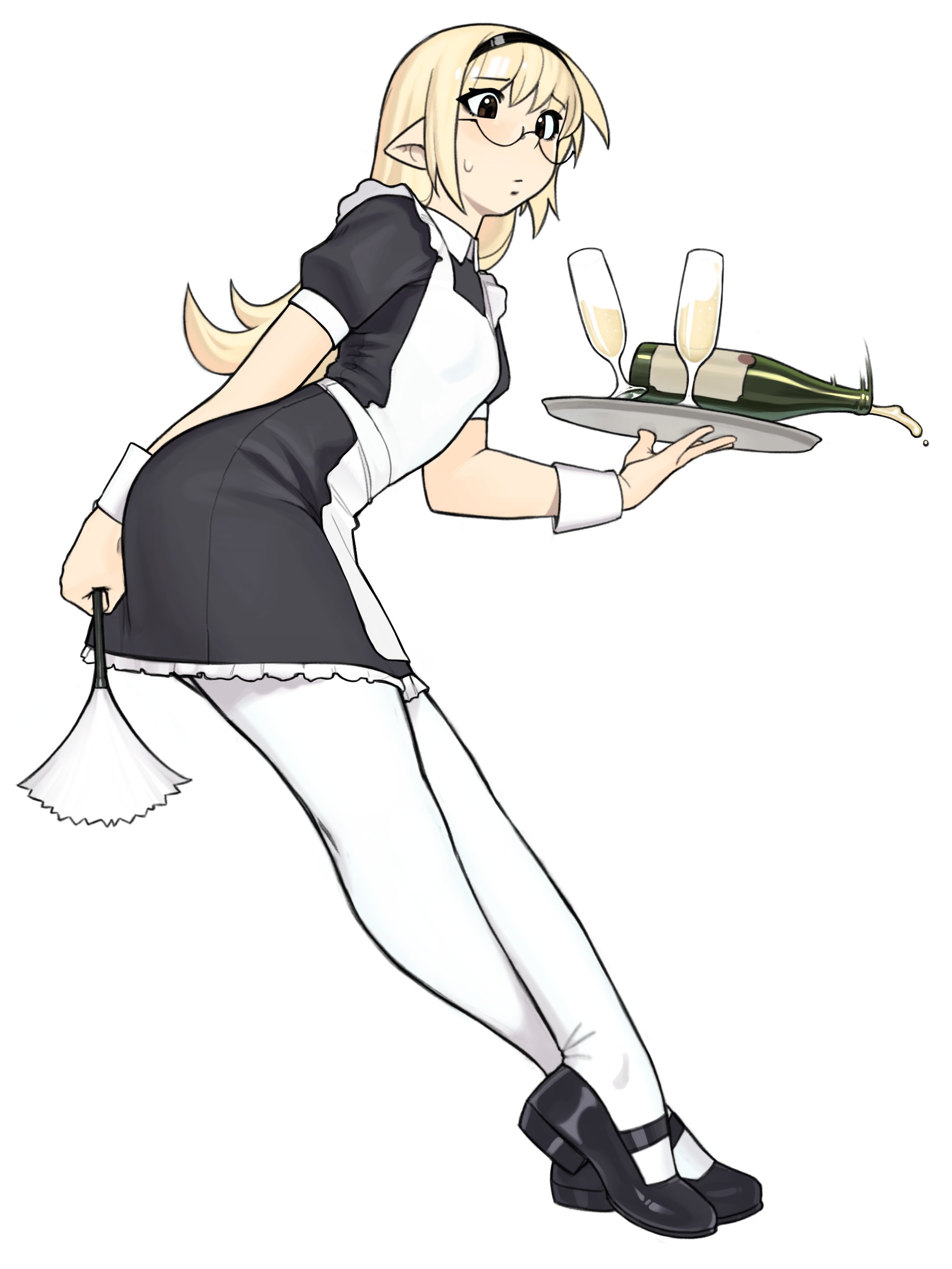 yirtios, original, absurdres, highres, 1girl, alcohol, alternate costume, apron, black dress, black hairband, black shoes, blonde hair, brown eyes, champagne, champagne bottle, champagne flute, crossed legs, cup, dress, drinking glass, duster, enmaided, frown, full body, furrowed brow, hairband, hira (yirtios), holding, holding duster, holding tray, leaning forward, light blush, long hair, maid, maid apron, mary janes, pantyhose, pointy ears, semi-rimless eyewear, shoes, short dress, short sleeves, solo, spilling, standing, sweatdrop, tray, watson cross, white apron, white pantyhose, wrist cuffs