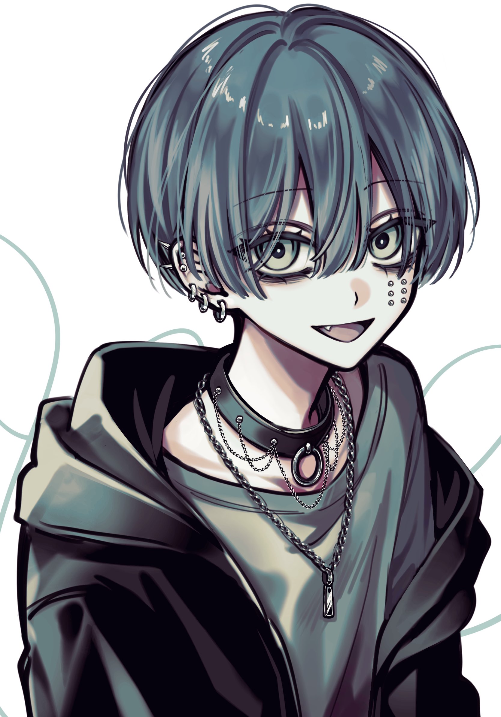 tigusakun (amptakxcolors), amptakxcolors, highres, 1boy, :d, bags under eyes, bishounen, black collar, black jacket, blue hair, chain, chain necklace, cheek piercing, collar, crew neck, earrings, eyelashes, face piercing, fang, green eyes, grey shirt, hair between eyes, hood, hood down, hooded jacket, hoop earrings, jacket, jewelry, looking at viewer, male focus, necklace, o-ring collar, off shoulder, open mouth, parallel piercings, piercing, sanpaku, shirt, short hair, sidelocks, smile, solo, spiked ear piercing, studded collar, upper body, white background, yyy9675