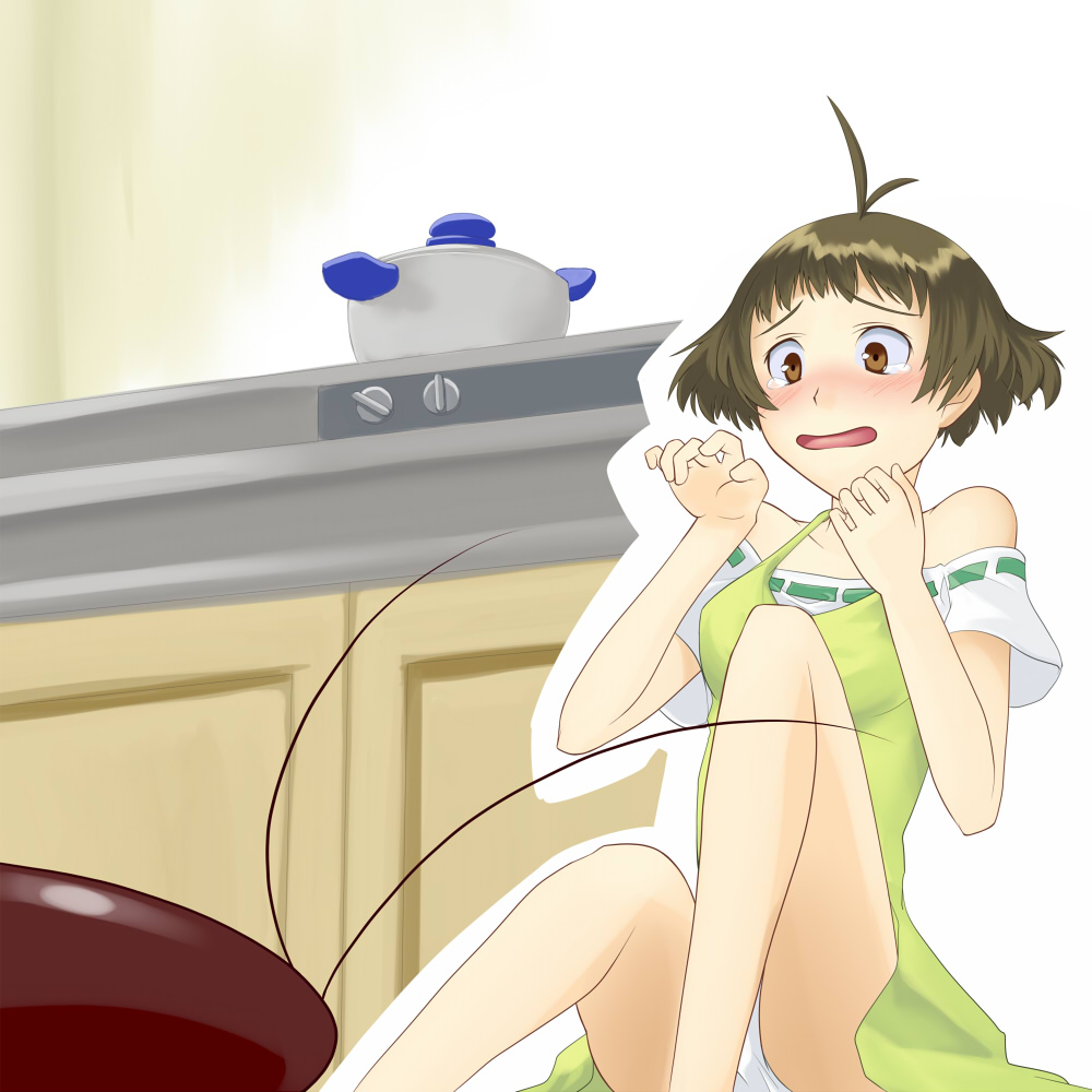 keyta, akizuki ryo, idolmaster, idolmaster dearly stars, 00s, 1boy, antenna hair, bare shoulders, blush, brown eyes, brown hair, bug, cockroach, crossdressing, crossdressing (mtf), indoors, insect, male focus, open mouth, panties, pantyshot, scared, short hair, solo, tears, trap, underwear