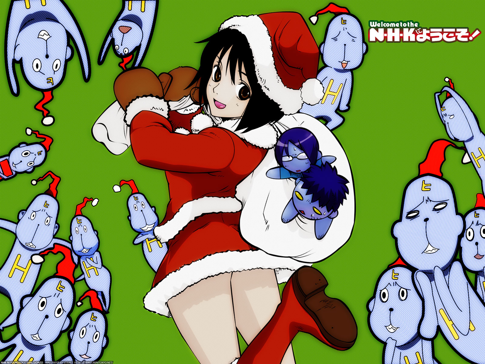 hikikomori alien, nakahara misaki, satou tatsuhiro, yamazaki kaoru, nhk ni youkoso!, highres, non-web source, 00s, black hair, bob cut, boots, brown eyes, doll, glasses, hat, looking back, mittens, sack, santa costume, santa hat, short hair, solo