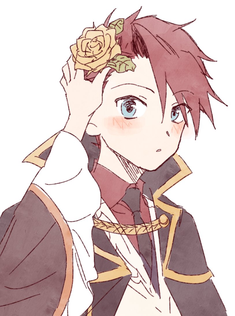 hswoimuxk0pwr0h (bbdan), beatrice (umineko), ushiromiya battler, umineko no naku koro ni, 1boy, 1girl, black necktie, blue eyes, blush, collared shirt, flower, hair flower, hair ornament, looking at viewer, necktie, open mouth, red hair, red shirt, shirt, short hair, simple background, upper body, white background, yellow flower