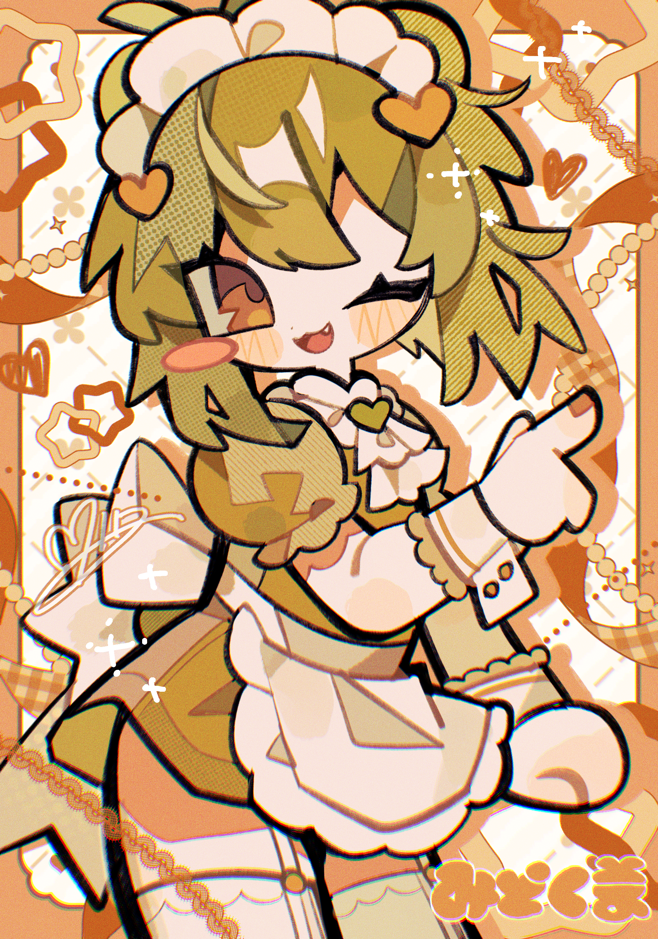 mid (doa 3d), original, absurdres, commission, highres, second-party source, 1girl, ;3, apron, arm at side, ascot, back bow, blush stickers, border, bow, brooch, brown eyes, brown nails, clenched hand, colored shadow, cowboy shot, deformed, dot nose, double-parted bangs, dress, drop shadow, fang, green dress, green hair, hair ornament, hand up, happy, heart, heart brooch, heart hair ornament, index finger raised, jewelry, maid, maid headdress, nail polish, one eye closed, open mouth, orange border, pale skin, puffy short sleeves, puffy sleeves, shadow, short dress, short sleeves, signature, single blush sticker, smile, solo, standing, star (symbol), thighhighs, waist apron, warm colored, white ascot, white background, white bow, white thighhighs, white wrist cuffs, wrist cuffs, zettai ryouiki