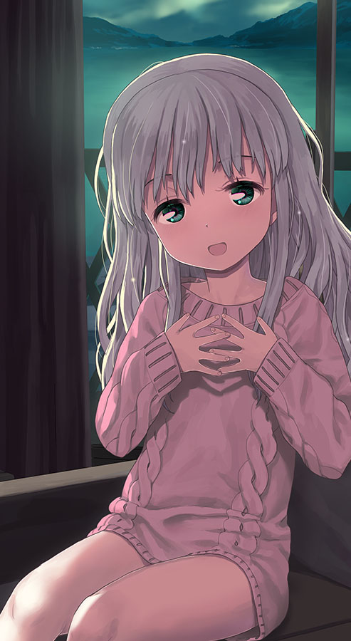 jiji (aardvark), melonbooks, original, commentary request, cropped, 1girl, aurora, dress, flat chest, green eyes, grey hair, long hair, looking at viewer, night, sitting, smile, solo, sweater, sweater dress, window